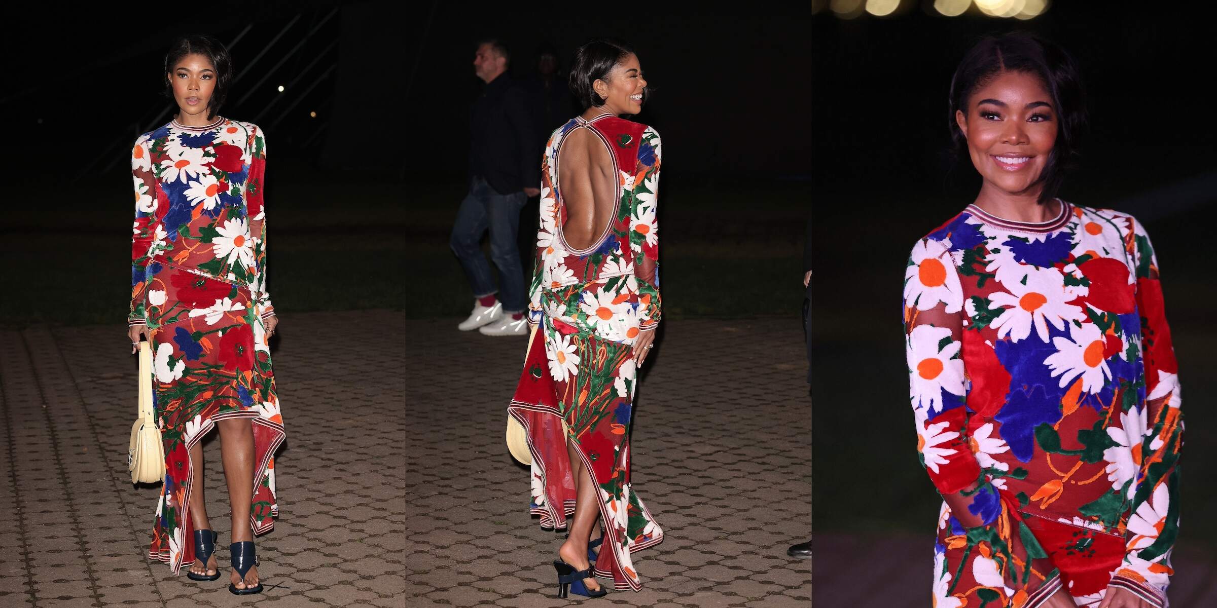 Actor Gabrielle Union arrives wearing a floral dress to attend the catwalk presentation for British fashion house Burberry's Autumn/Winter 2024 collection