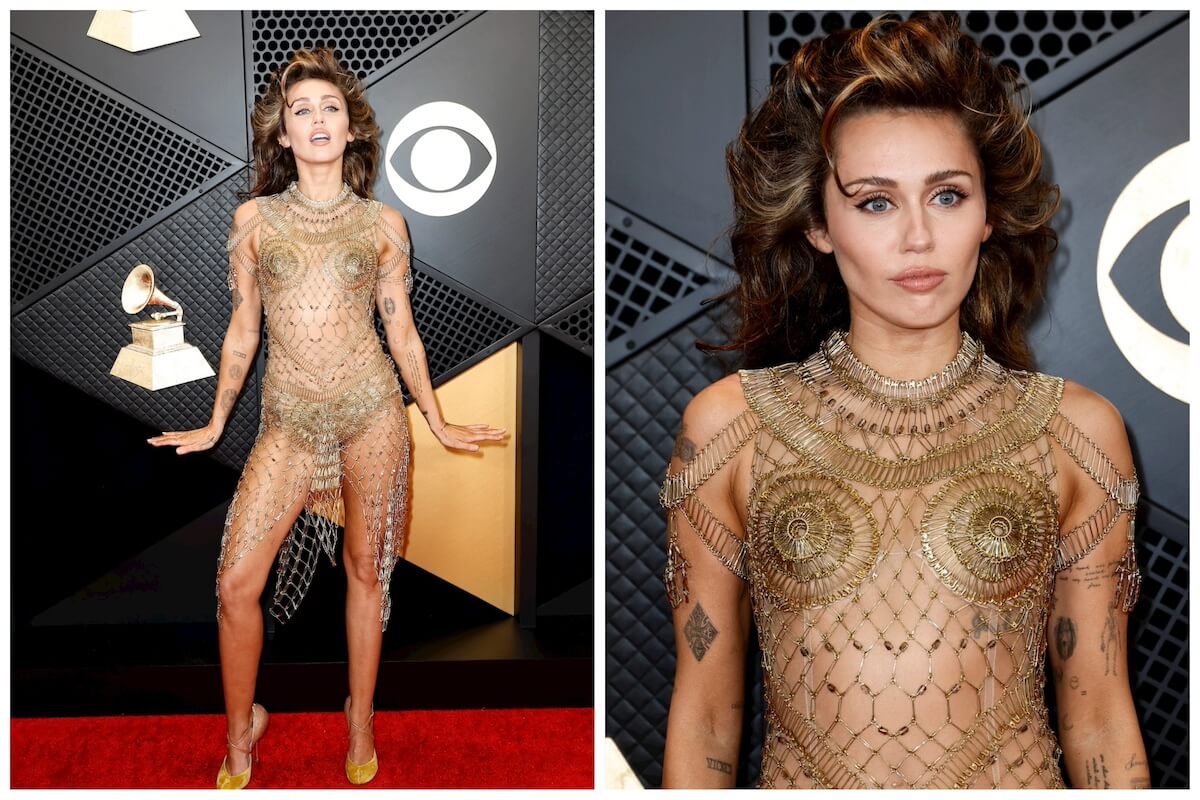 Side by side photos of Miley Cyrus in gold mesh dress on the red carpet