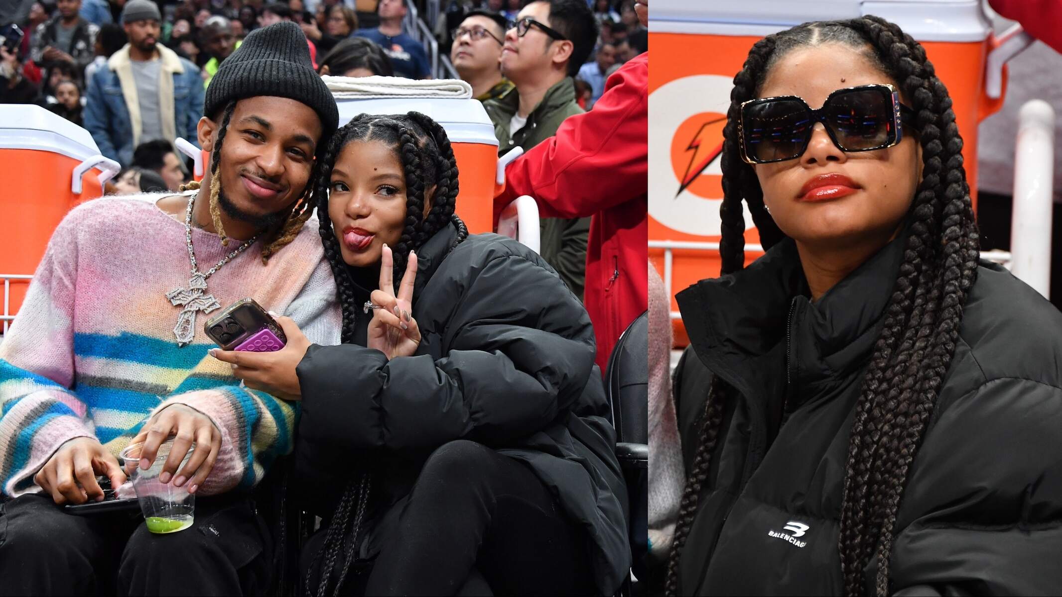 Darryl Dwayne “DDG” Grandberry Jr. and Halle Bailey smile for the camera while sitting front row at a Clippers game