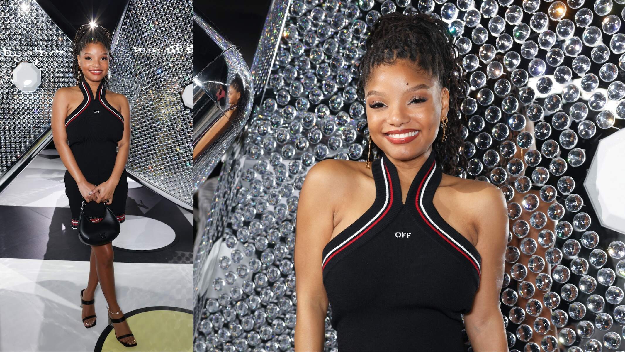Actor Halle Bailey poses for cameras in a red and black outfit before the Off White runway show