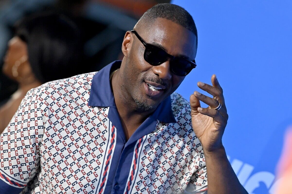 Idris Elba posing in a grey and blue shirt and sunglasses while at the Screening of "Sonic The Hedgehog 2"