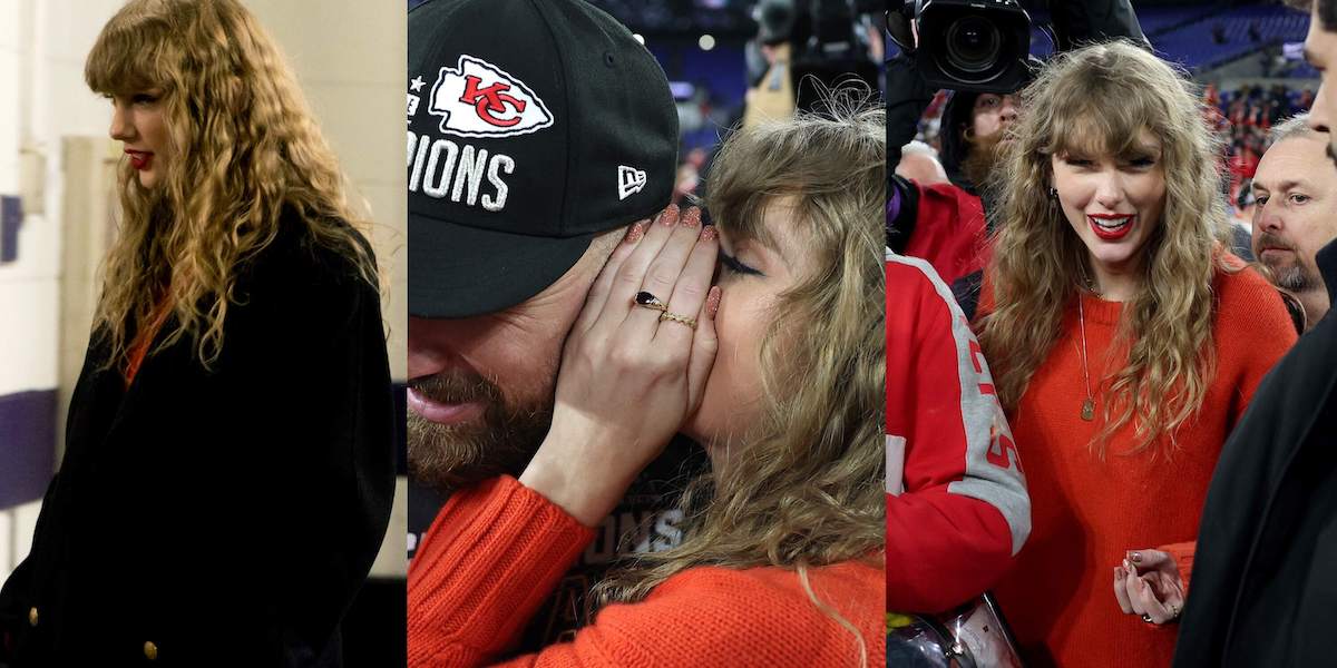 Taylor Swift arrives for a Chiefs game in a black coat with gold buttons