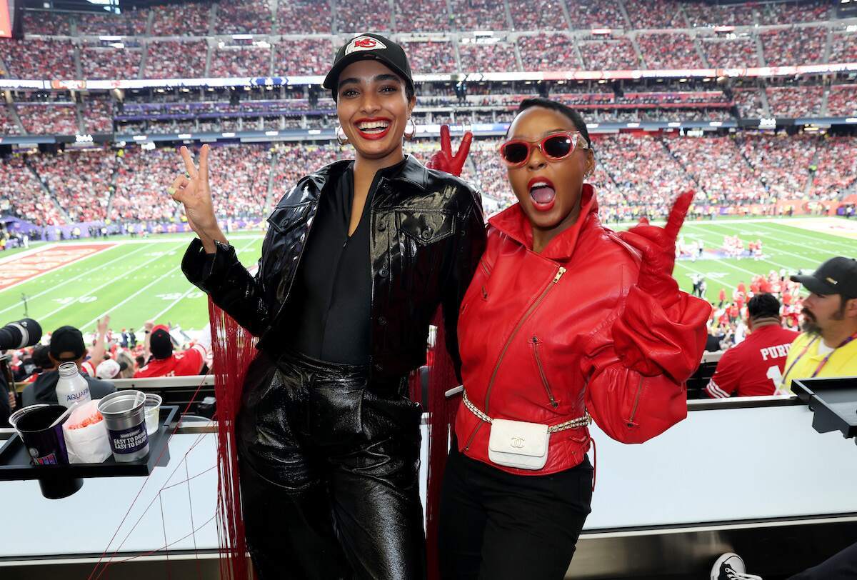 Aitana Rinab Perez and Janelle Monáe hold up peace signs at Super Bowl LVIII