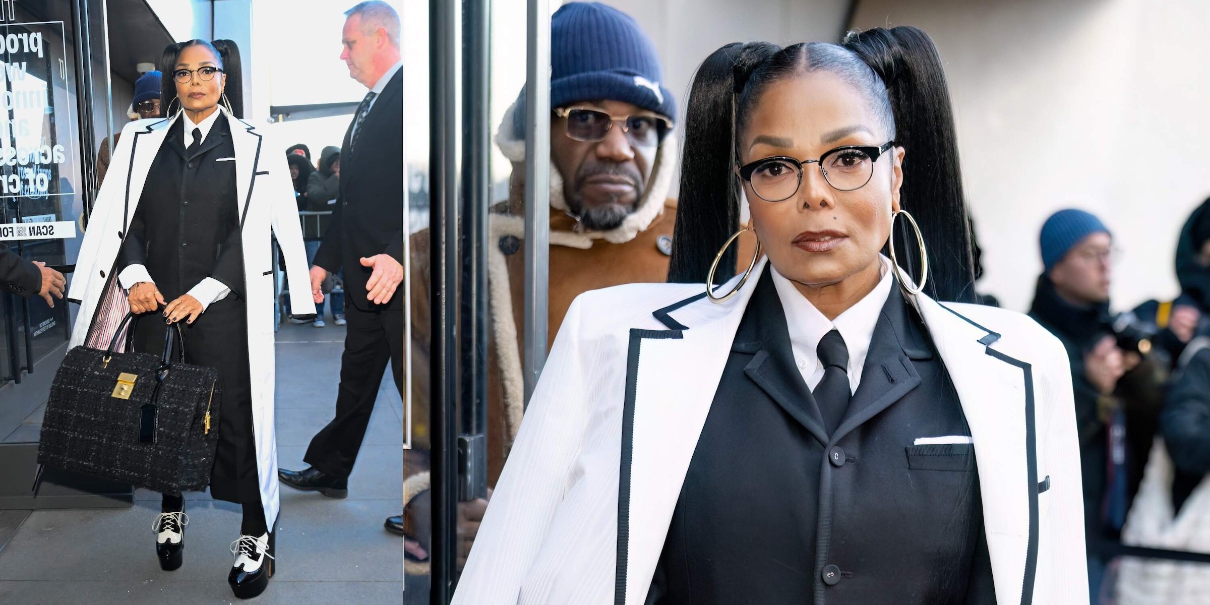 Singer/actress Janet Jackson arrives to the Thom Browne fashion show during New York Fashion Week wearing a black suit and white tuxedo overcoat