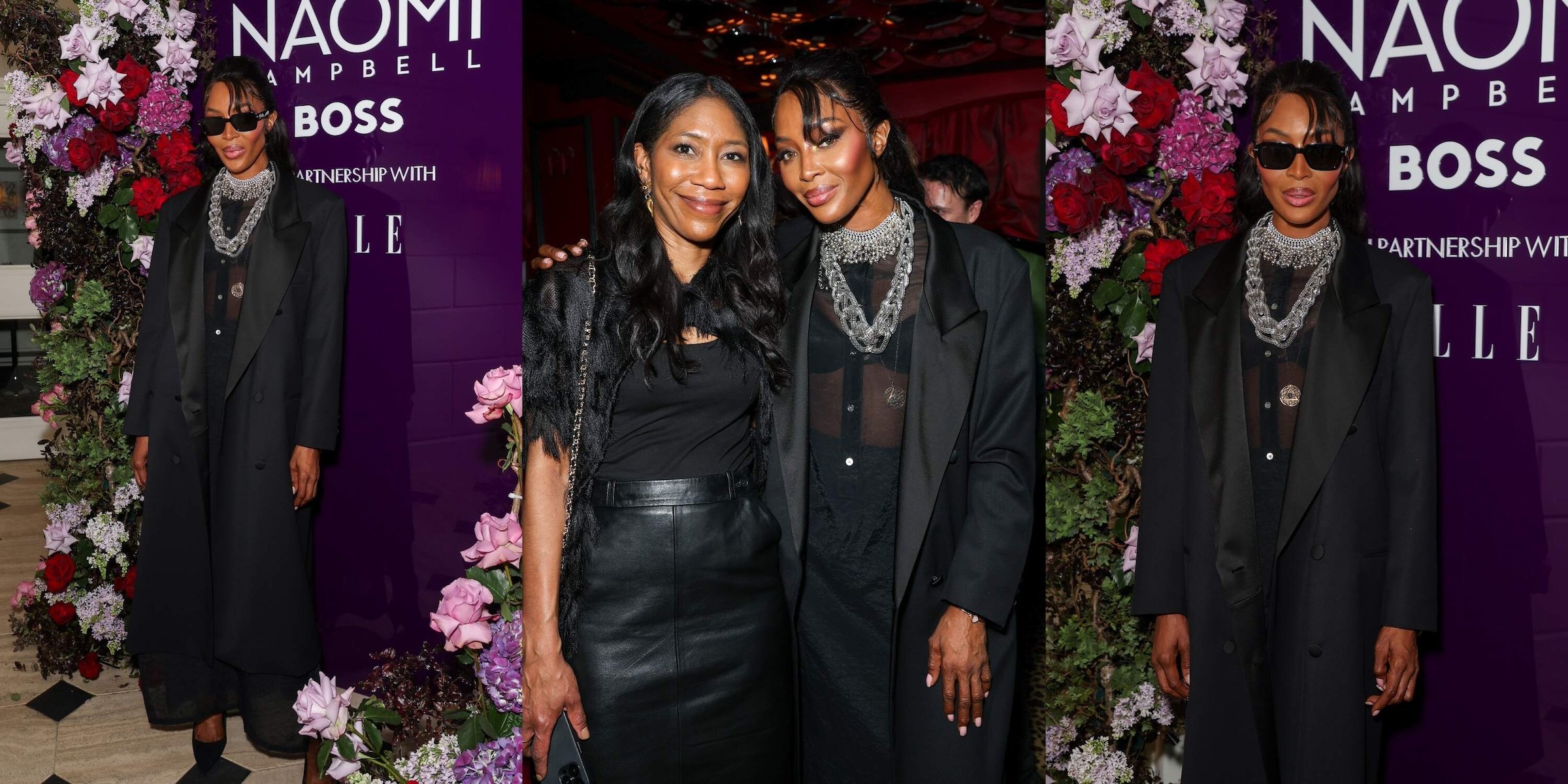 Kenya Hunt (center), Editor-in-Chief of ELLE UK, and Naomi Campbell celebrate the launch of the Naomi x BOSS collection