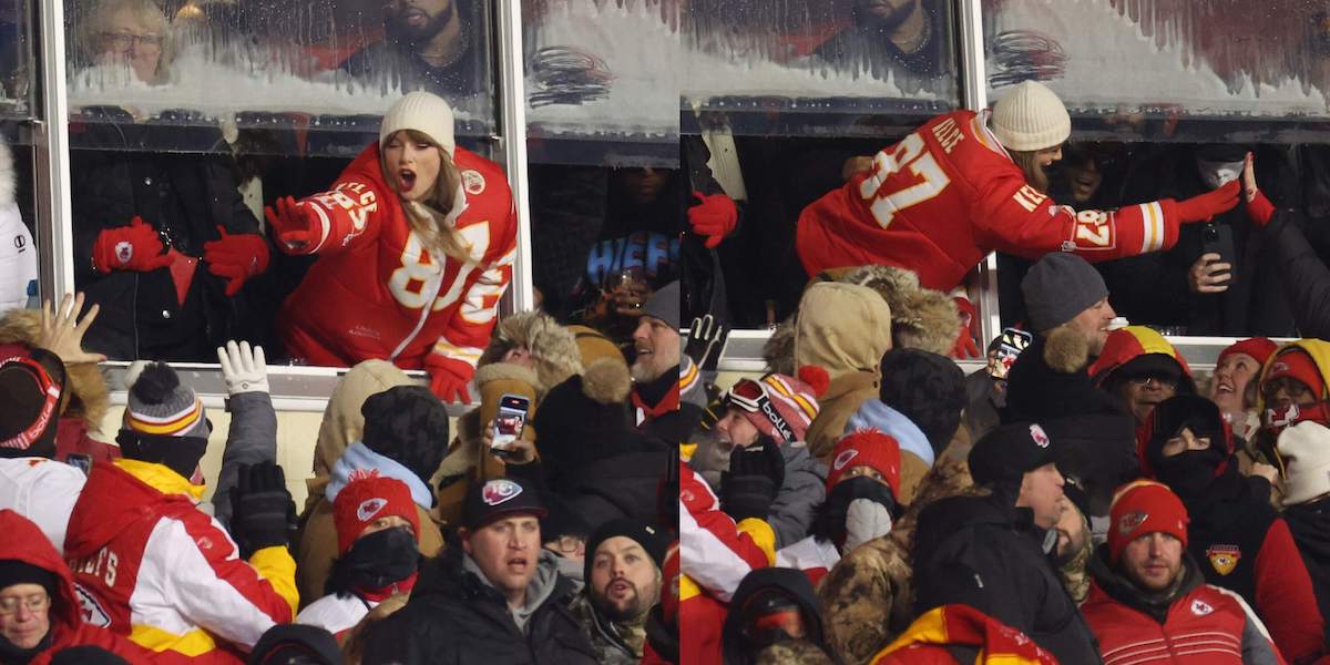 Singer Taylor Swift celebrates with fans during the AFC Wild Card Playoffs