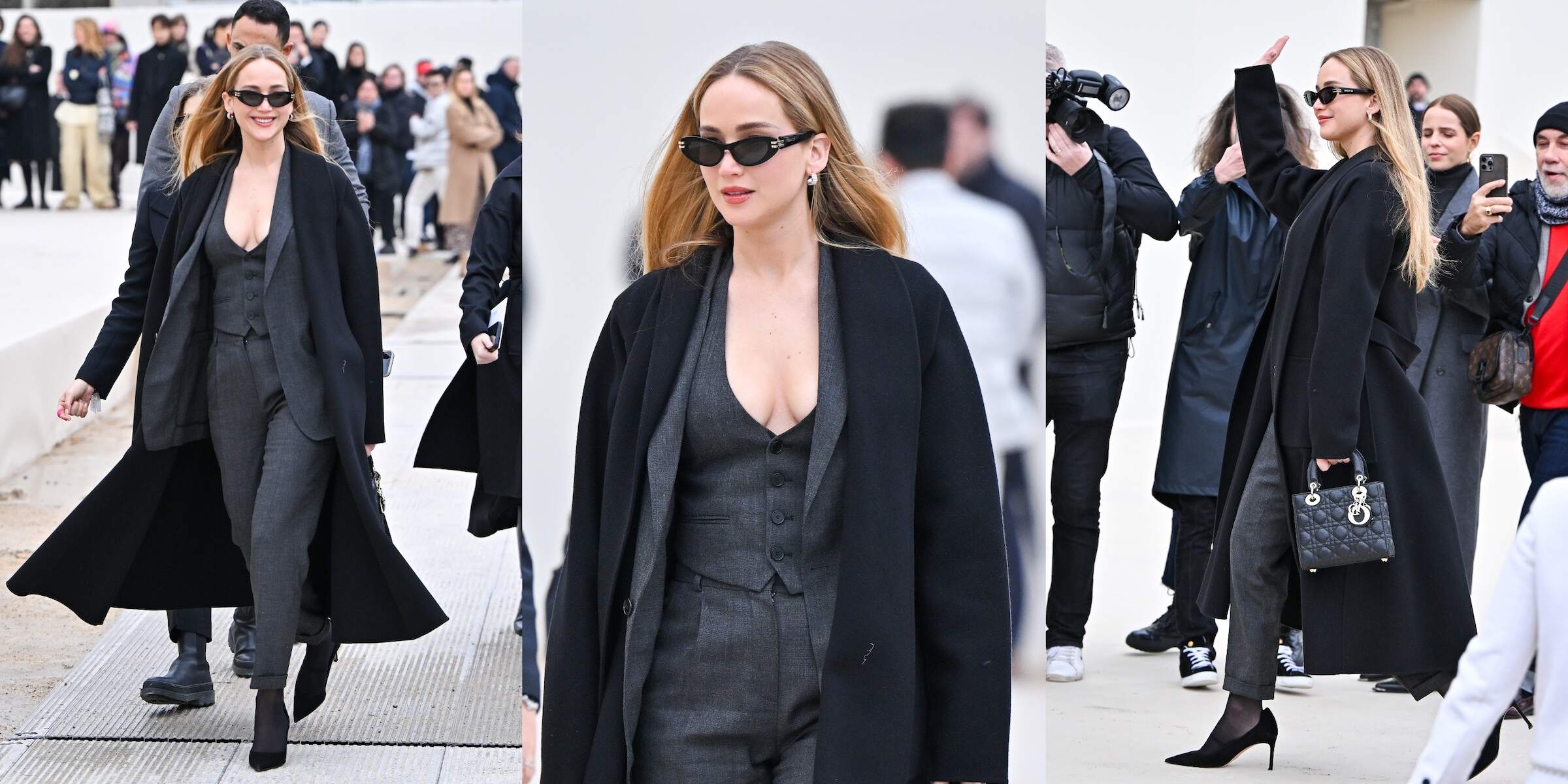Actress Jennifer Lawrence wears a business-inspired black and gray outfit while walking to the Christian Dior fashion show in Paris, France