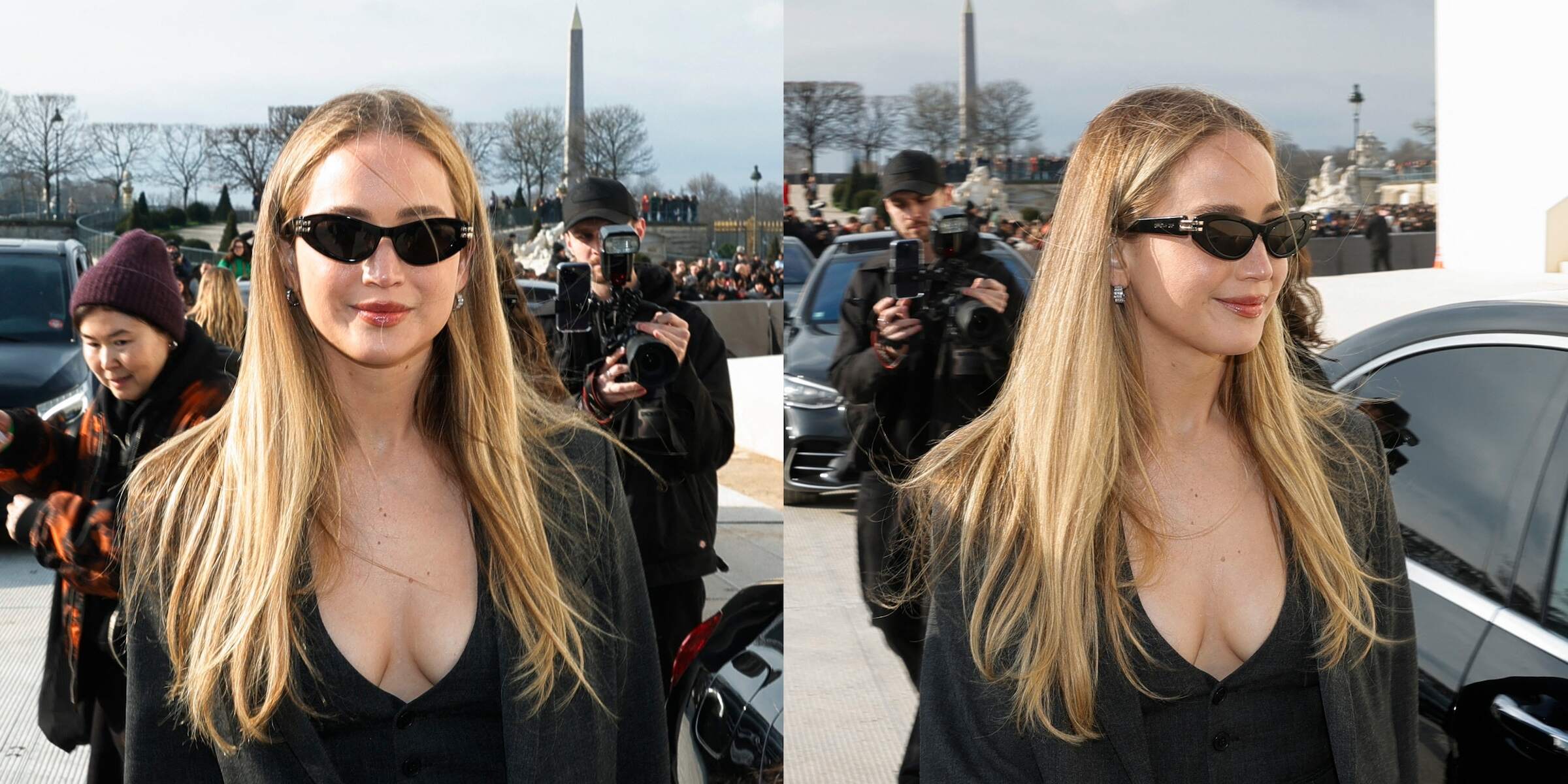 Actress Jennifer Lawrence wears a business-inspired black and gray outfit while walking to the Christian Dior fashion show in Paris, France