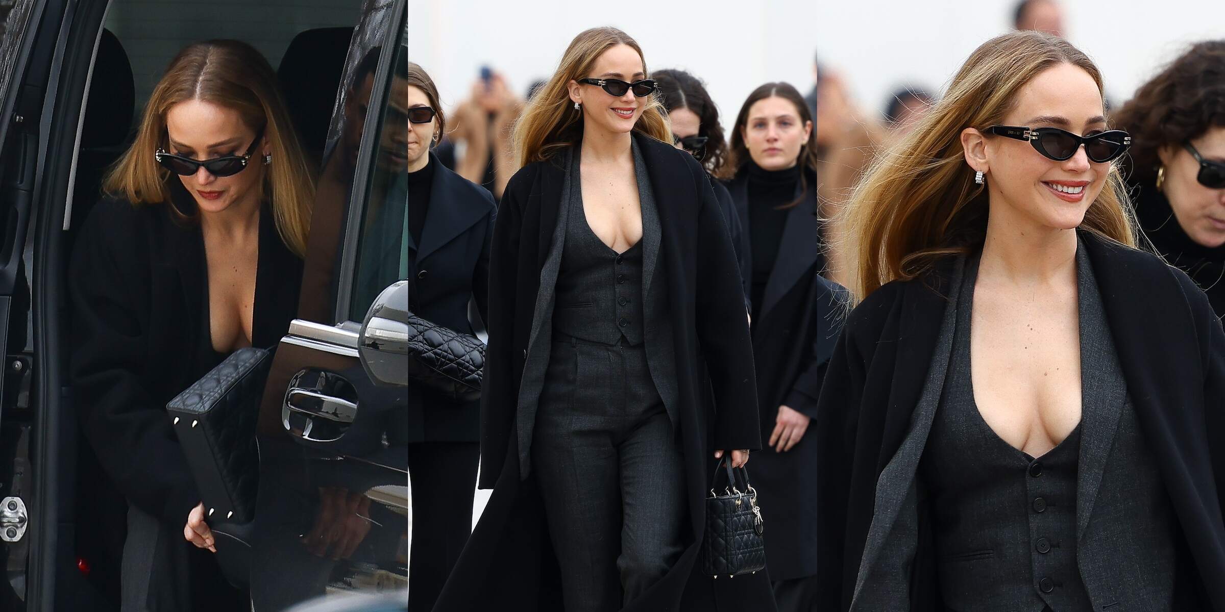 Actress Jennifer Lawrence wears a business-inspired black and gray outfit while walking to the Christian Dior fashion show in Paris, France