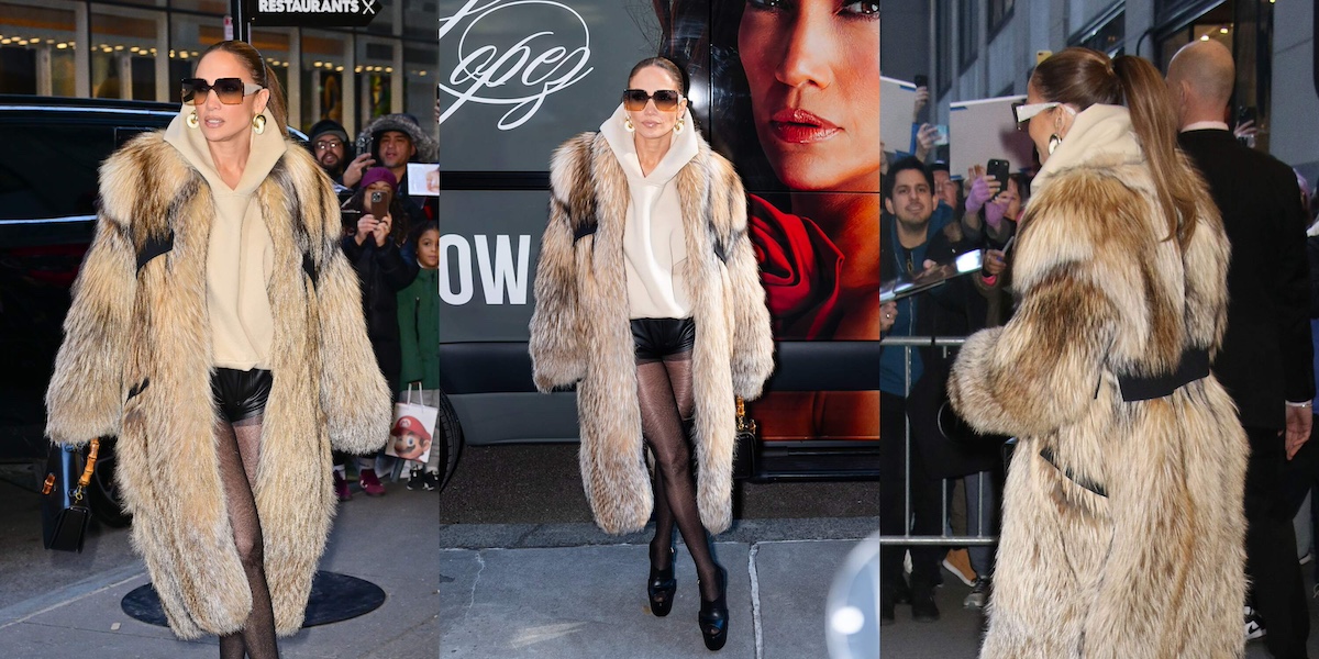 Singer/actor Jennifer Lopez arrives to Rockefeller Center wear a full-length furry brown and tan coat