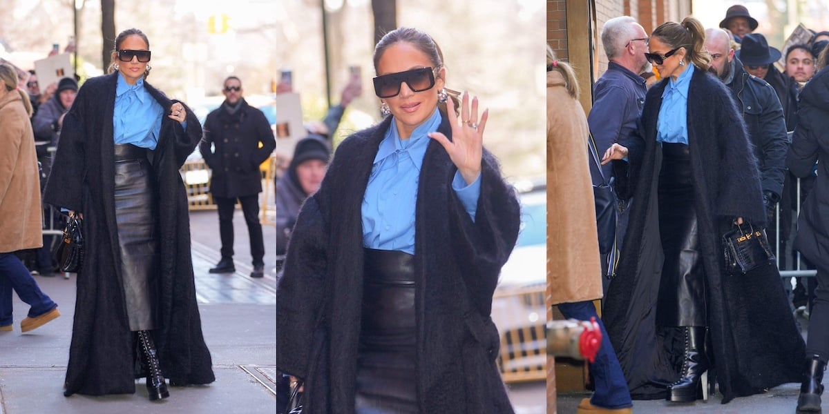 Singer/actor Jennifer Lopez wears a long black mohair coat as she enters NYC studios