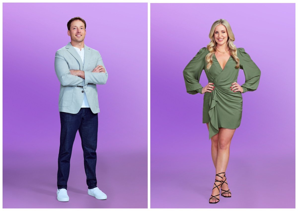 Portraits of Jeramey and Laura from 'Love Is Blind' Season 6 on purple background