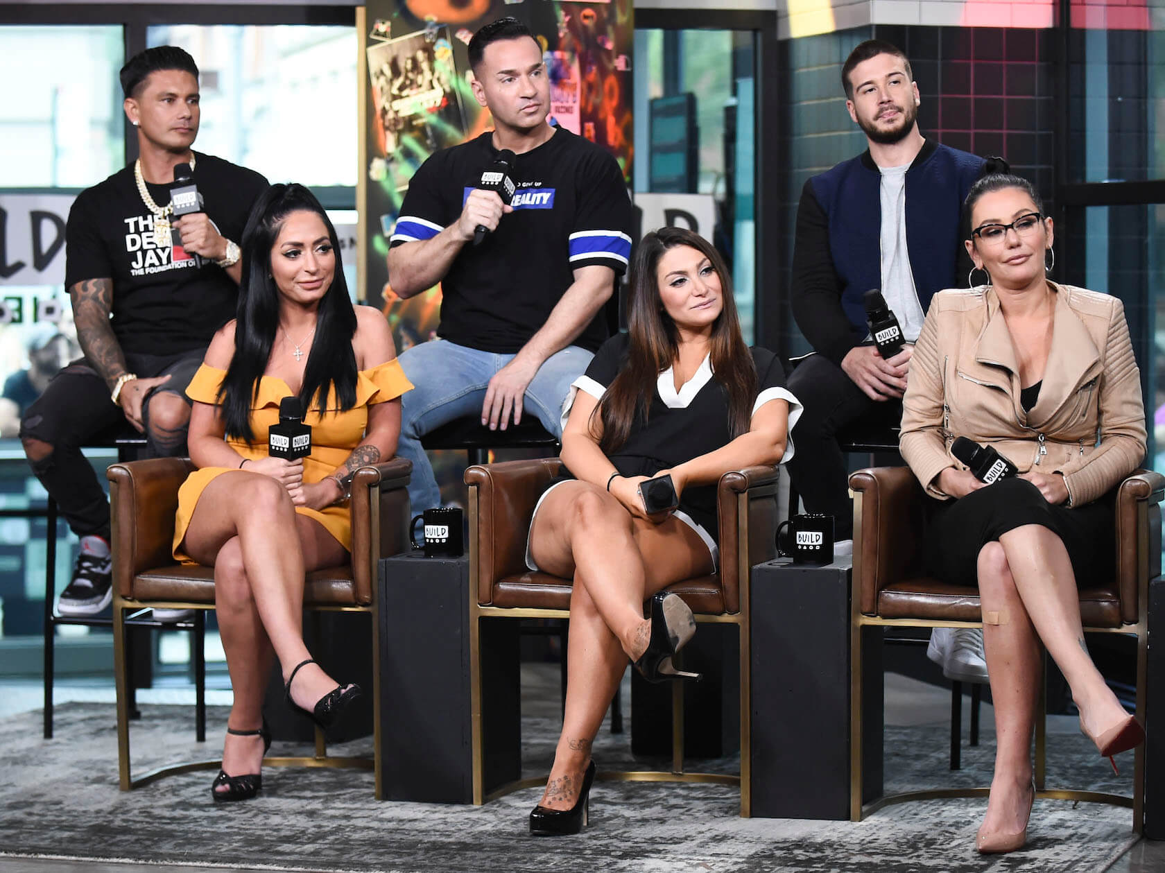 'Jersey Shore: Family Vacation' Season 7 stars Paul 'Pauly D' DelVecchio, Mike 'The Situation' Sorrentino, Vinny Guadagnino, Angelina Pivarnick, Deena Nicole Cortese, and Jenni 'JWoww' Farley sitting down for an interview