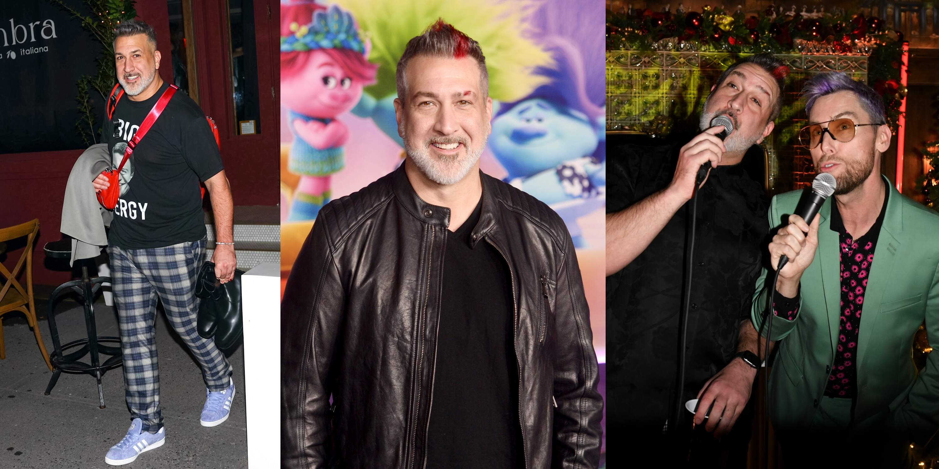 Joey Fatone exits a restaurant wearing plaid pants and a black tee shirt