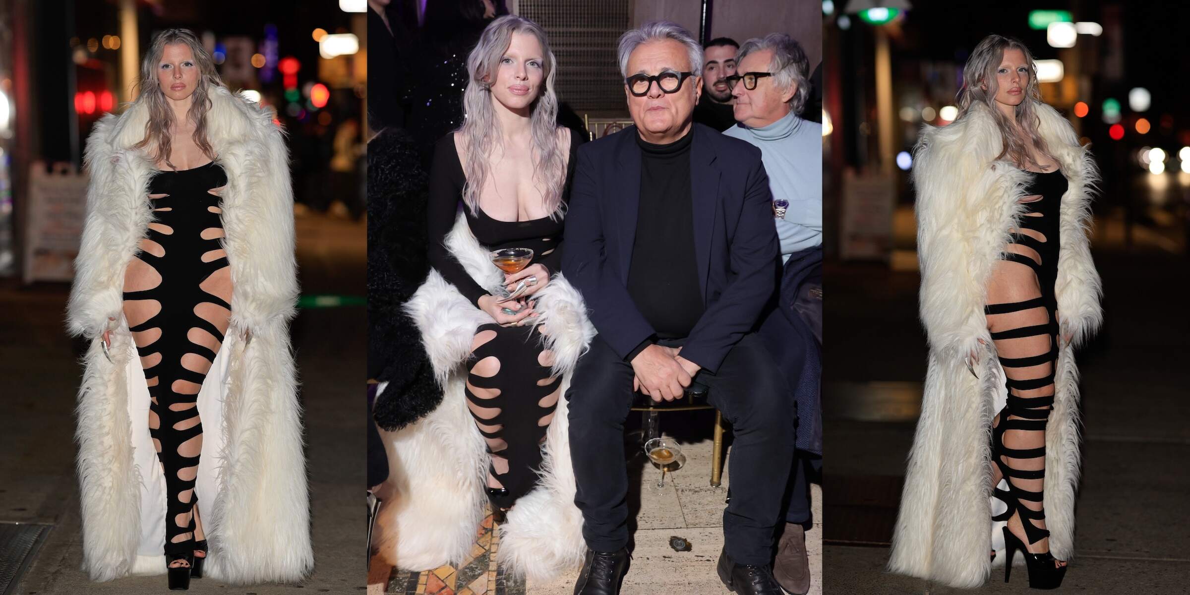 Actor Julia Fox sits front row in a slitted black dress for the Laquan Smith fashion show