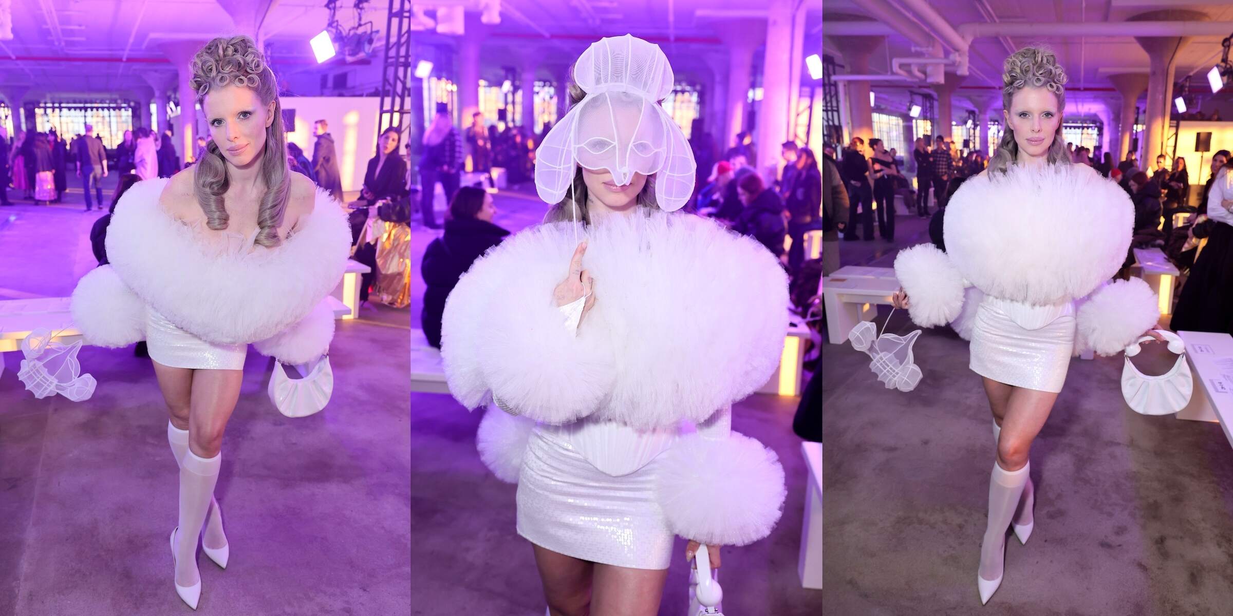 Actor Julia Fox poses in a white wedding dress at the Wiederhoeft fashion show