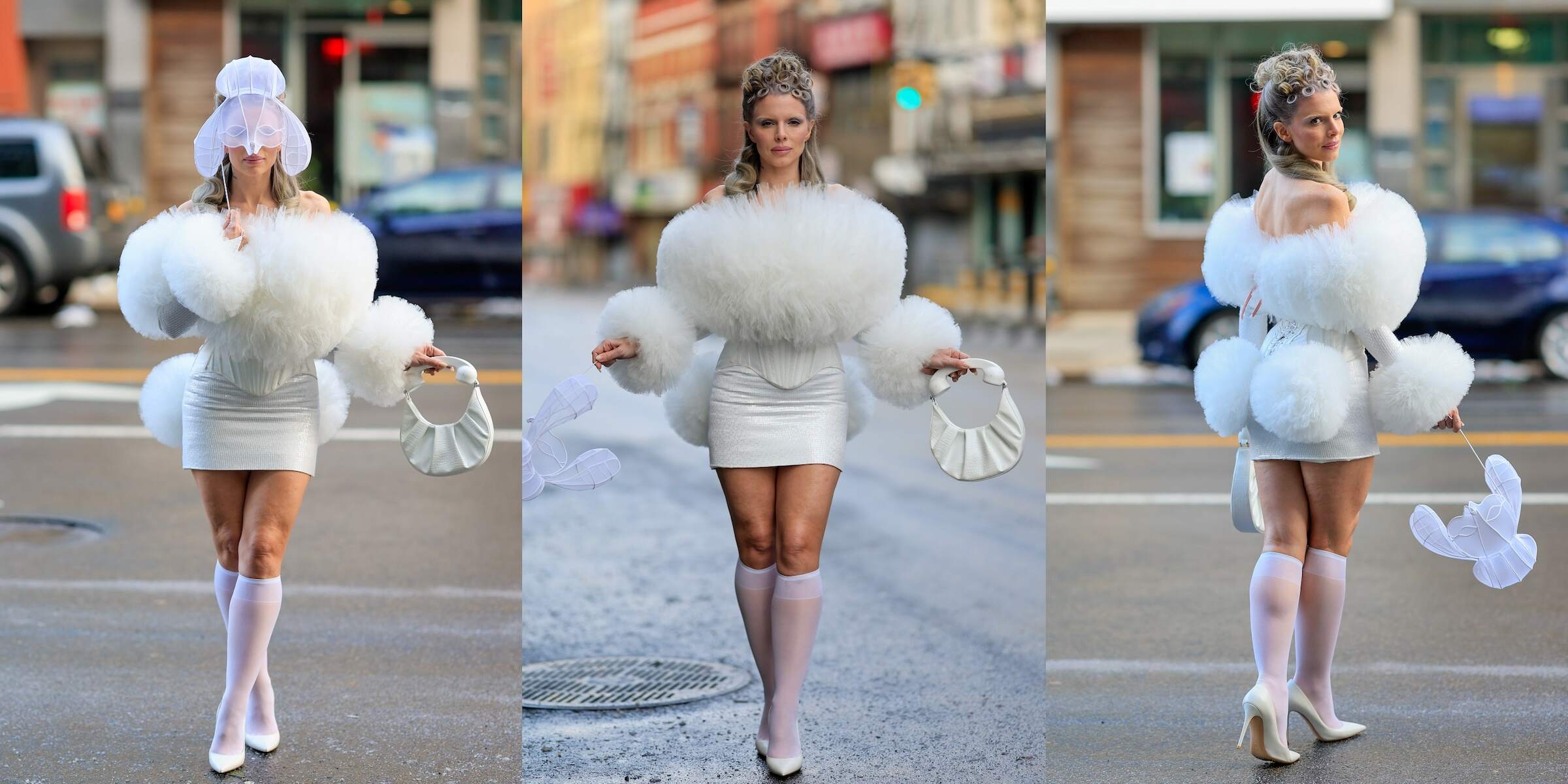 Actor Julia Fox walks the NYC streets in a white mini wedding dress