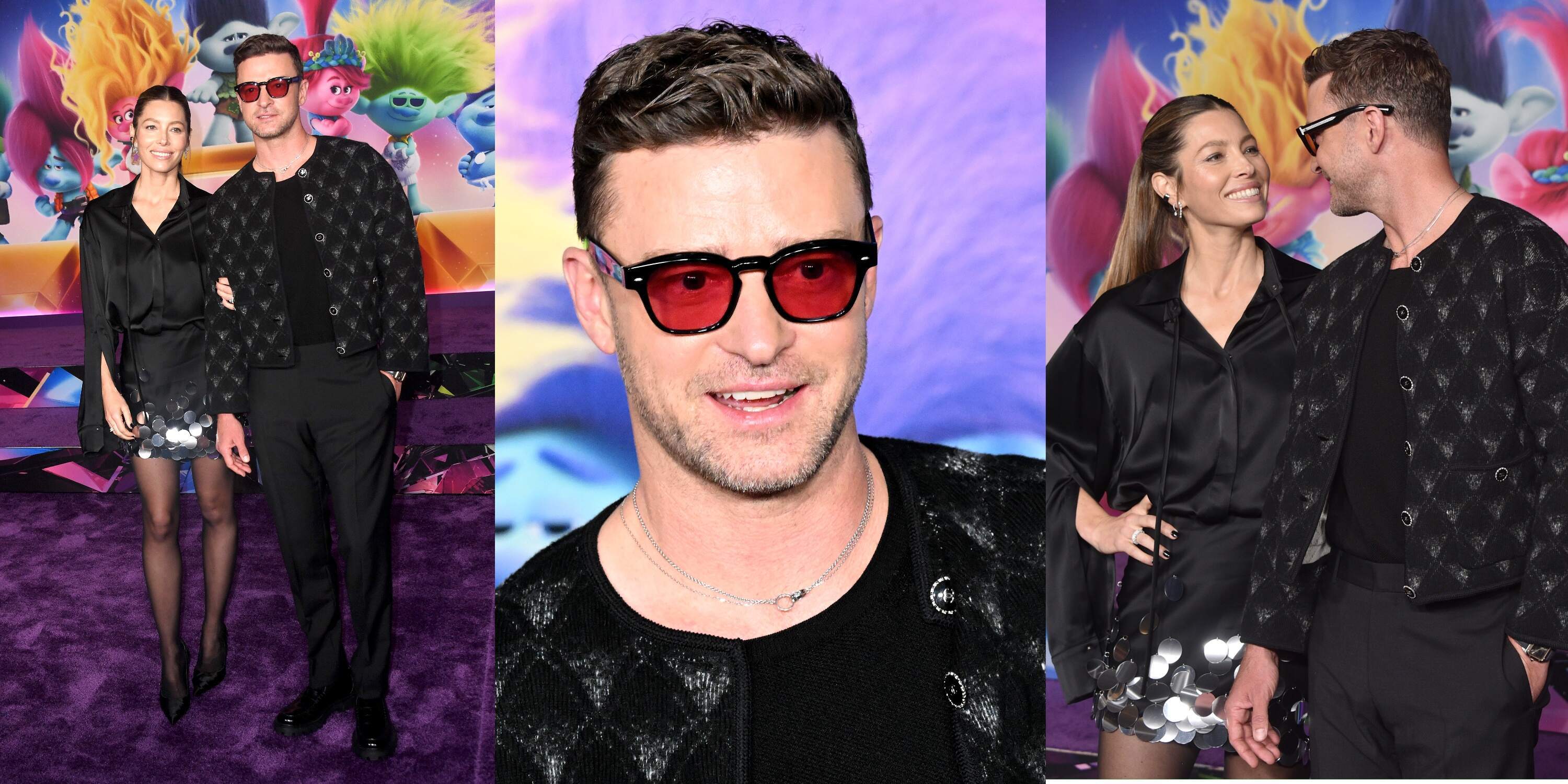 Jessica Biel and Justin TImberlake smile together on the purple carpet during the premiere of Trolls: Band Together