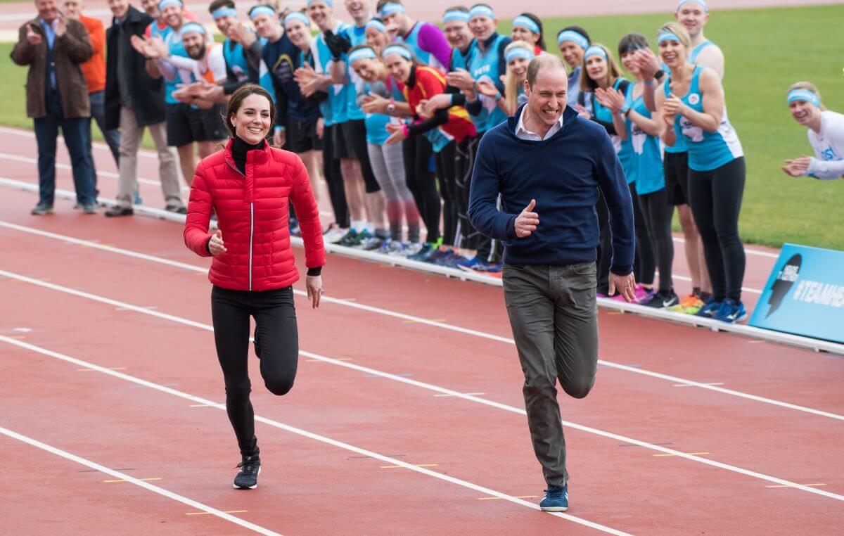 Kate Middleton and Prince William take part in a race during a training day for the Heads Together team for the London Marathon