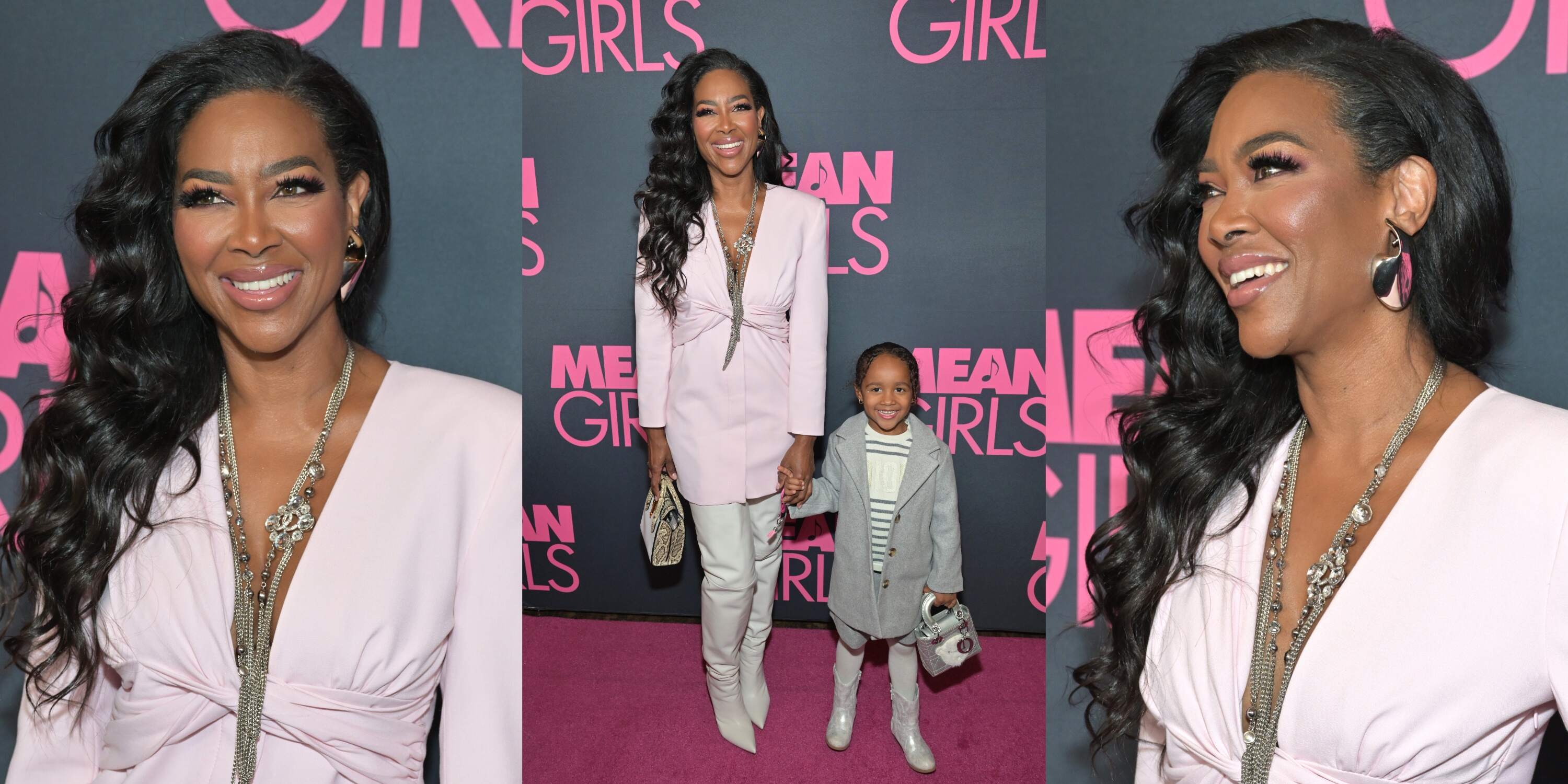 Wearing a pink blazer, Kenya Moore and daughter Brooklyn attend the Mean Girls screening
