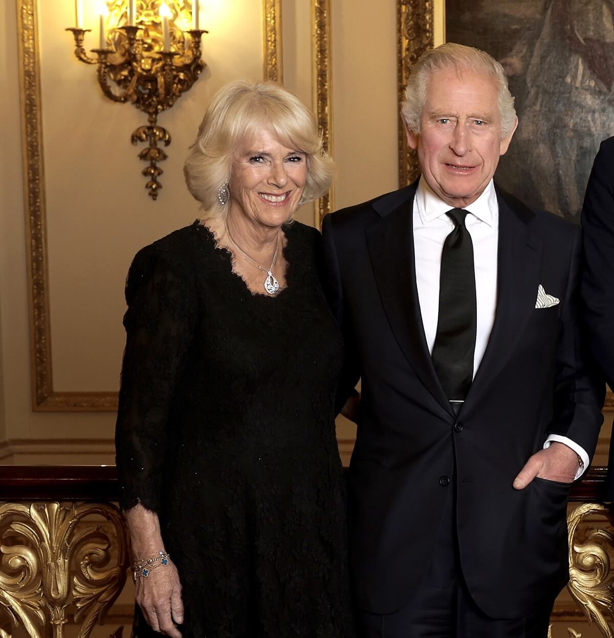 King Charles III and Queen Camilla pose for a photo ahead of reception for Heads of State and Official Overseas Guests at Buckingham Palace