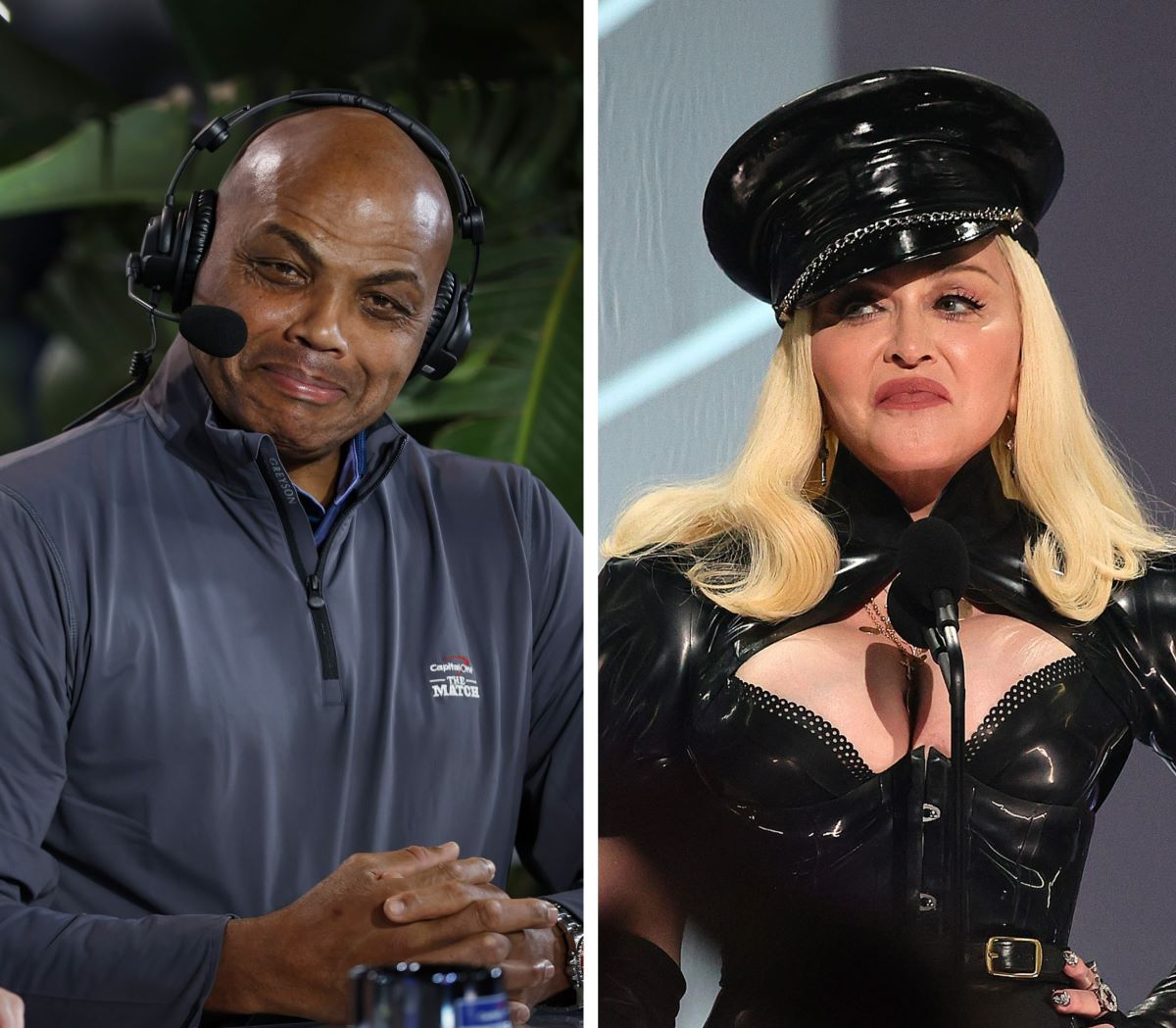 (L) Charles Barkley smiles during The Match IX in Florida, (R) Madonna speaks onstage at the MTV Movie Awards