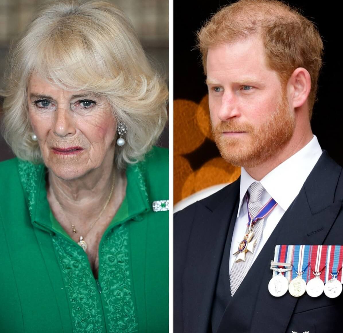 (L) Queen Camilla at a library in Northern Ireland, (R) Prince Harry during a Service of Thanksgiving for Queen Elizabeth