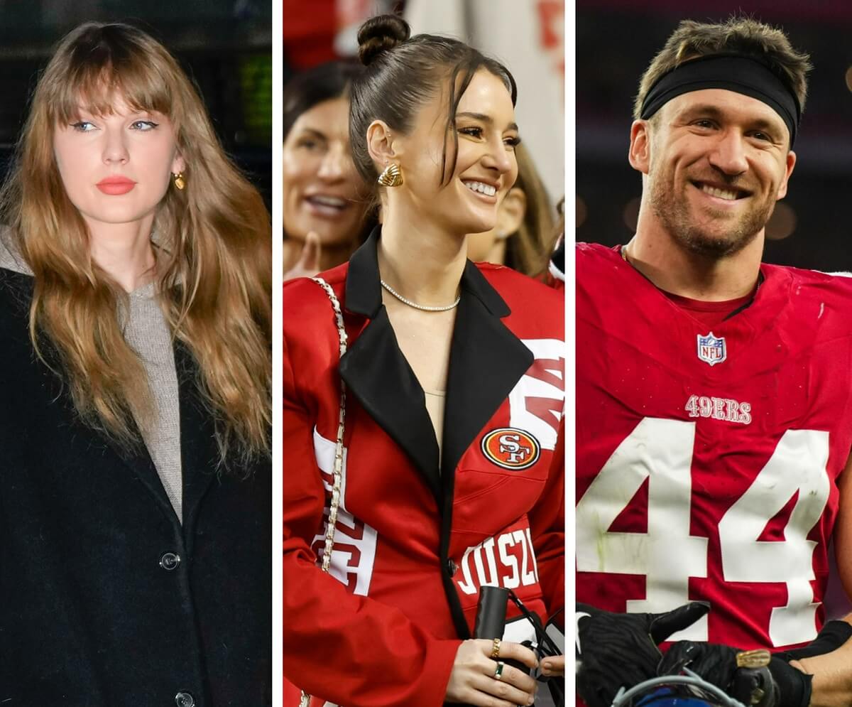 (L) Taylor Swift out in New York City, (C) Kristin Juszczyk looks on before 49ers playoff game, (R) Kyle Juszczyk smiles after game against the Cardinals