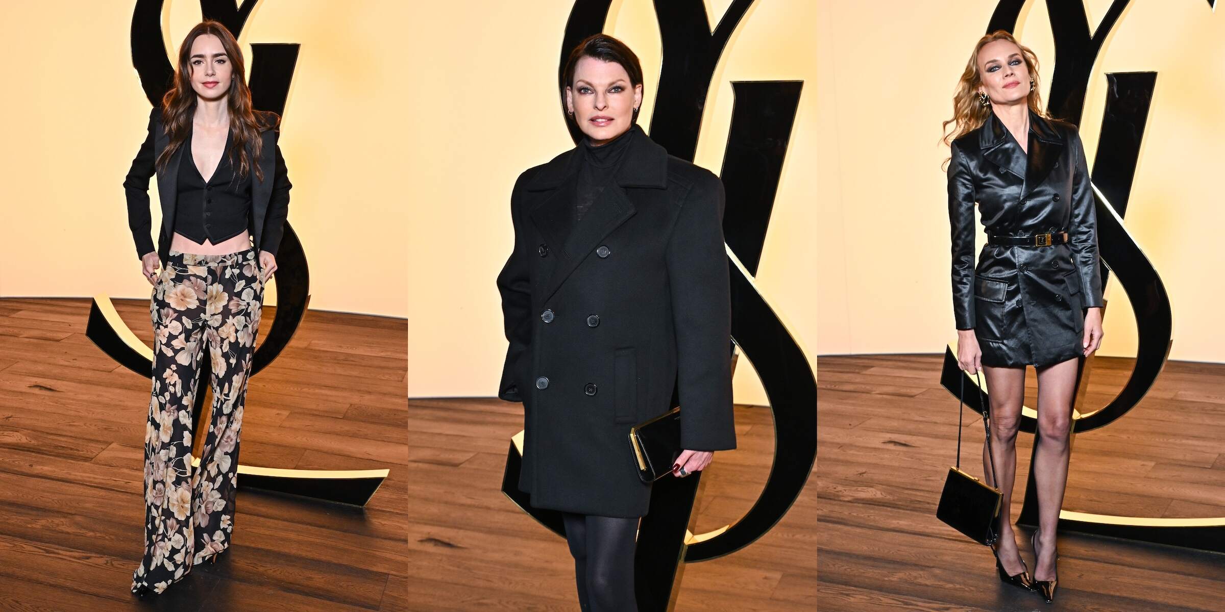 Celebrities Lily Collins, Linda Evangelista, and Diane Kruger wear YSL and pose for photos at the Saint Laurent Womenswear Fall/Winter 2024-25 show