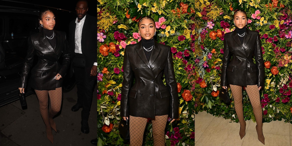 Model Lori Harvey wears a leather jacket and fishnets to the British Vogue and Tiffany & Co. Celebrate Fashion And Film Party 2024