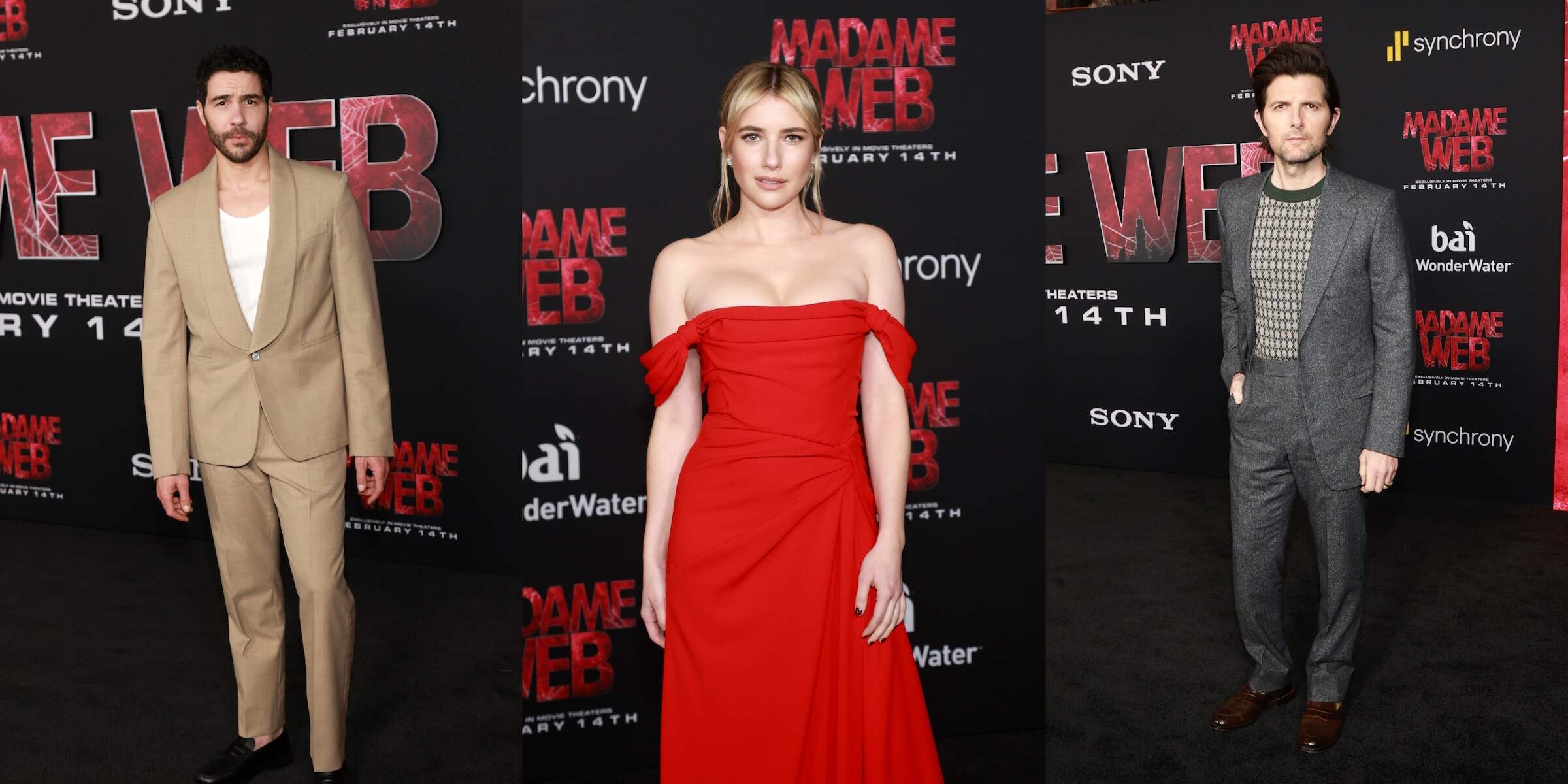 Madame Web stars Tahar Rahim, Emma Roberts, and Adam Scott pose on the red carpet in formalwear