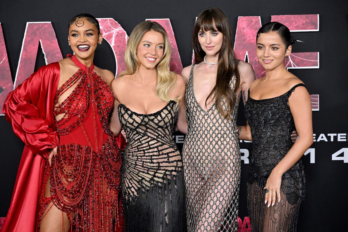 Madame Web stars Celeste O'Connor, Sydney Sweeney, Dakota Johnson and Isabela Merced smile together at the world premiere