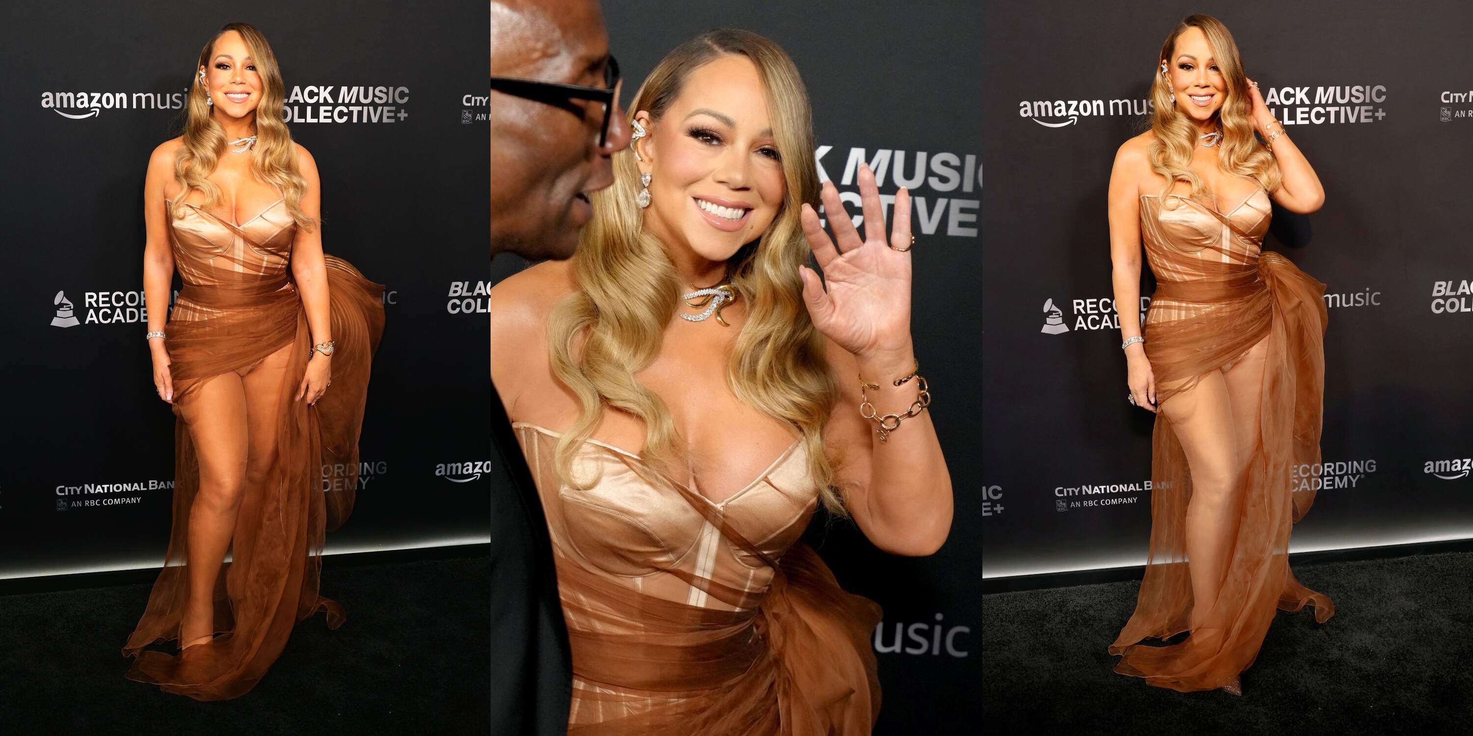 Three photos of Mariah Carey on the red carpet at the 2024 Recording Academy Honors as she wears a bronze satin gown and diamonds