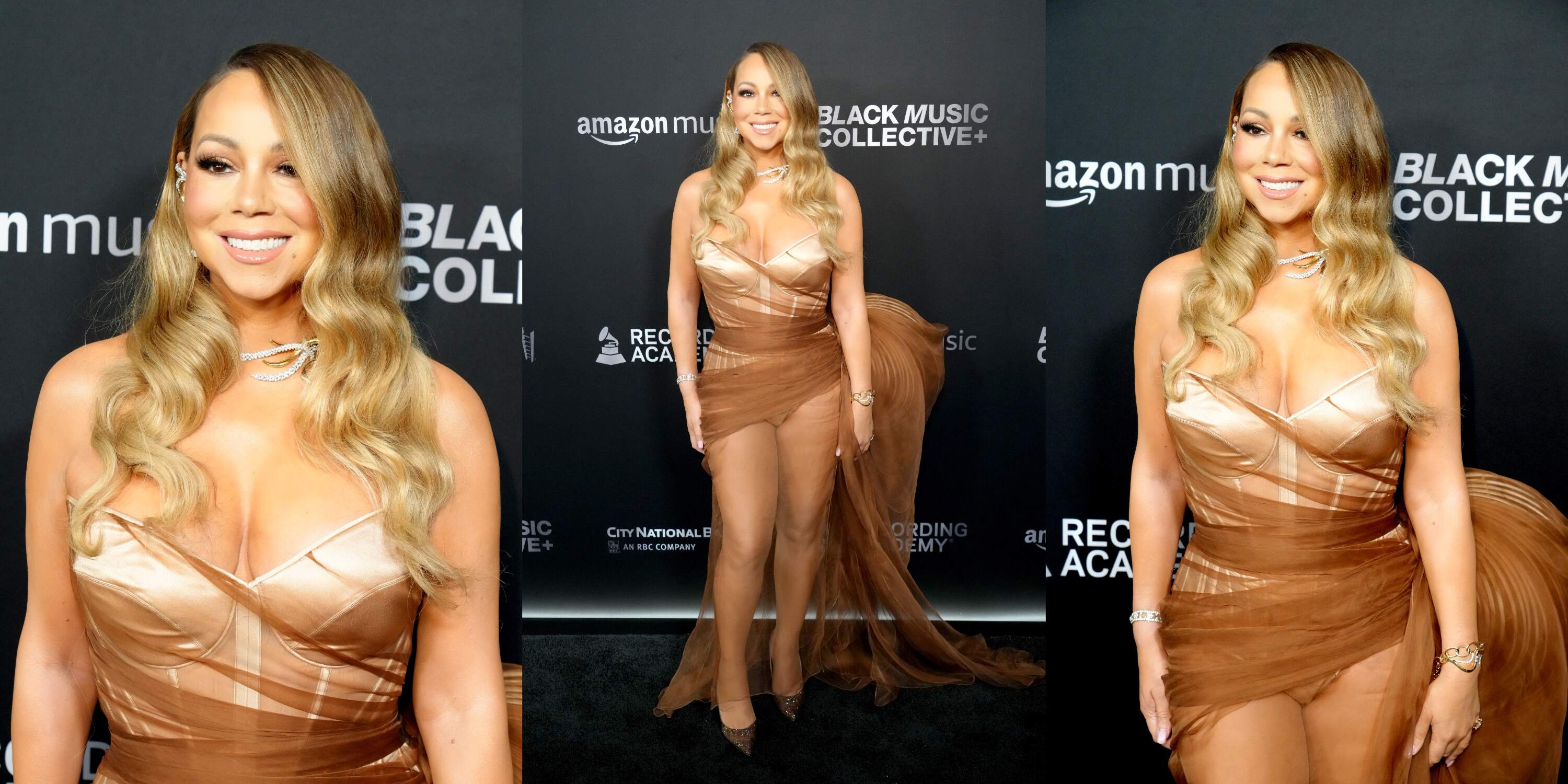Three photos of Mariah Carey on the red carpet at the 2024 Recording Academy Honors as she wears a bronze satin gown and diamonds