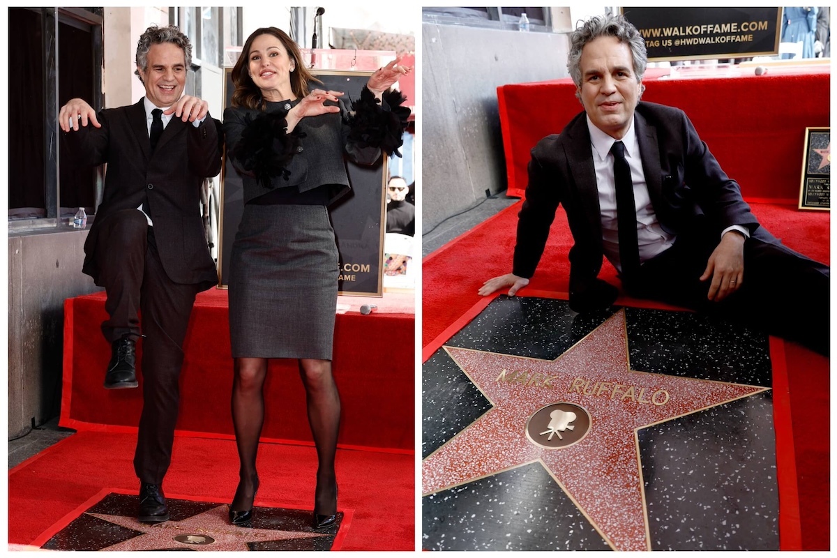 Side by side images of Mark Ruffalo and Jennifer Garner doing Thriller dance at Walk of Fame ceremony and Ruffalo posing with his star