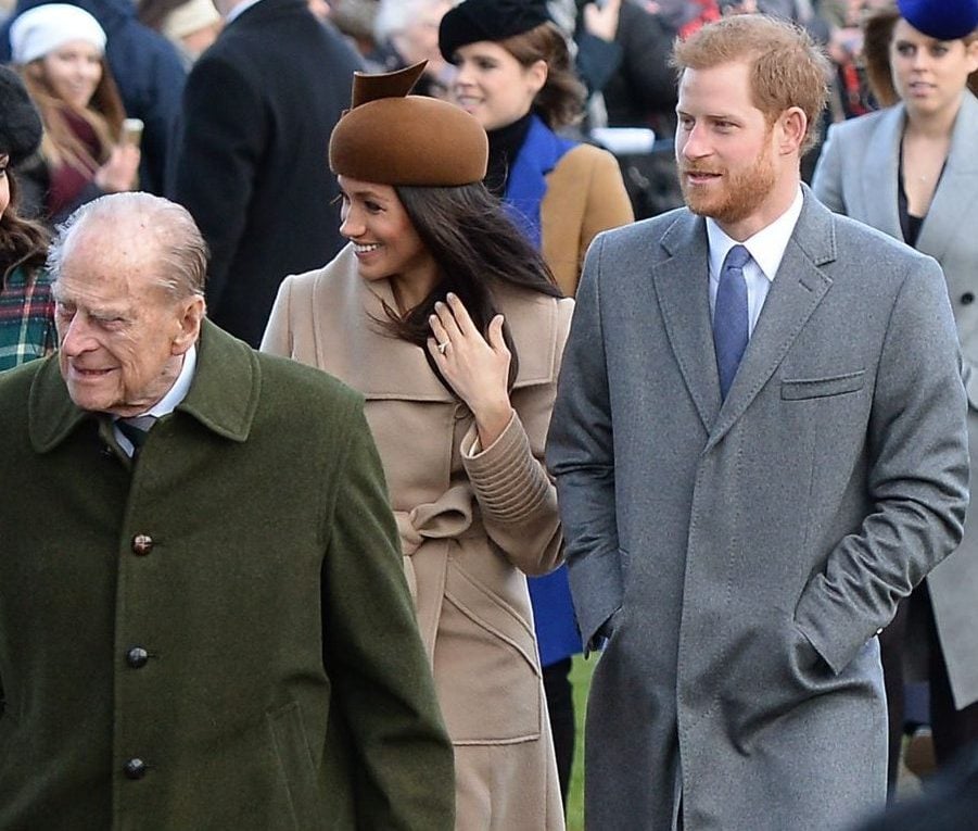 Meghan Markle, Prince Harry, Prince Philip, and other members of the royal family walking to Christmas Day church service at Sandringham