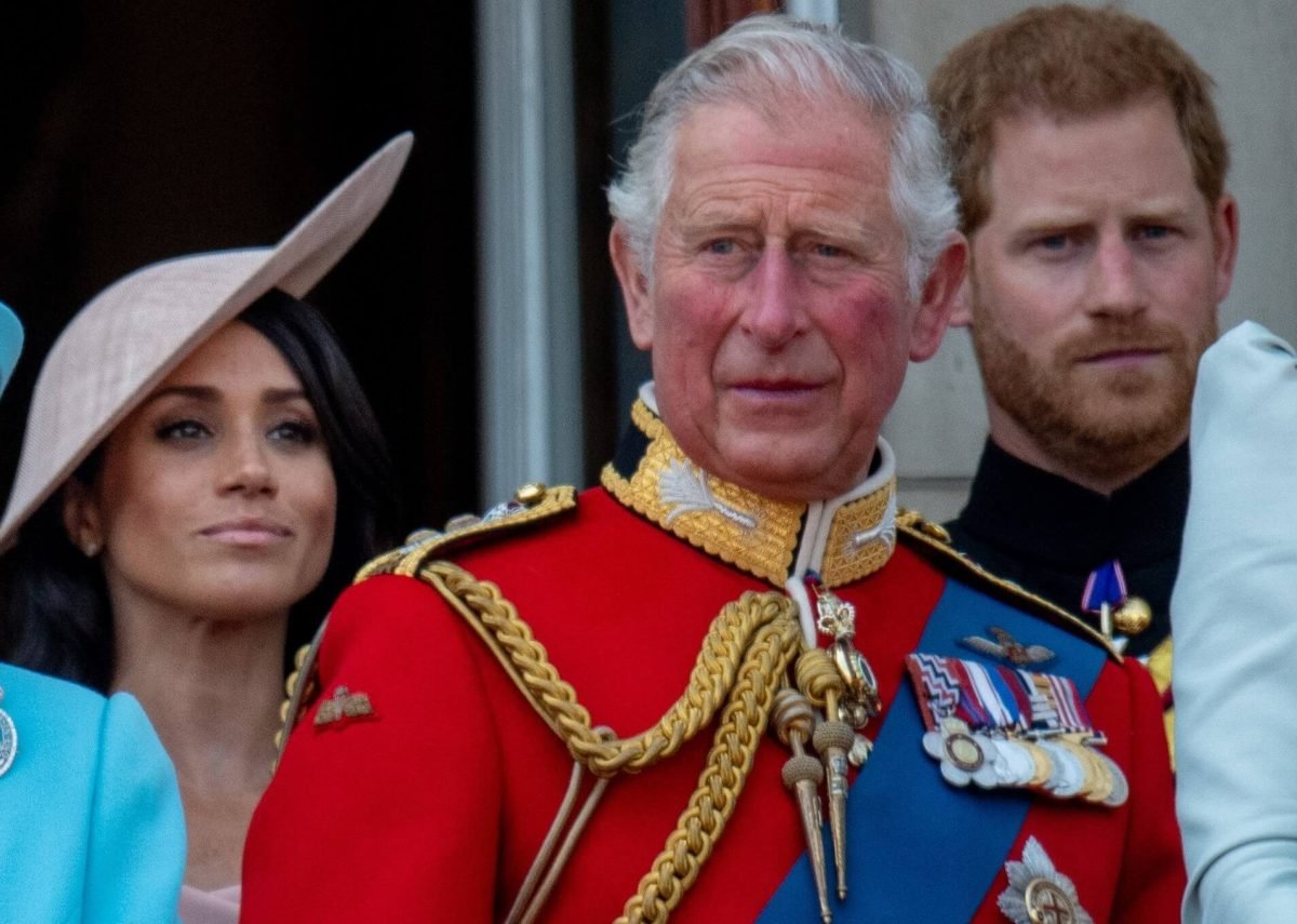 Meghan Markle, Prince Harry, and now-King Charles III during Trooping The Colour 2018