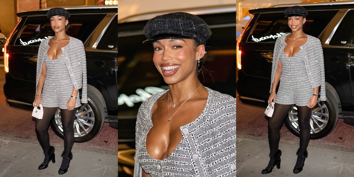 Model Lori Harvey arrives to the CHANEL Dinner wearing a tweed three piece set to celebrate the Watches & Fine Jewelry Fifth Avenue Flagship Boutique Opening