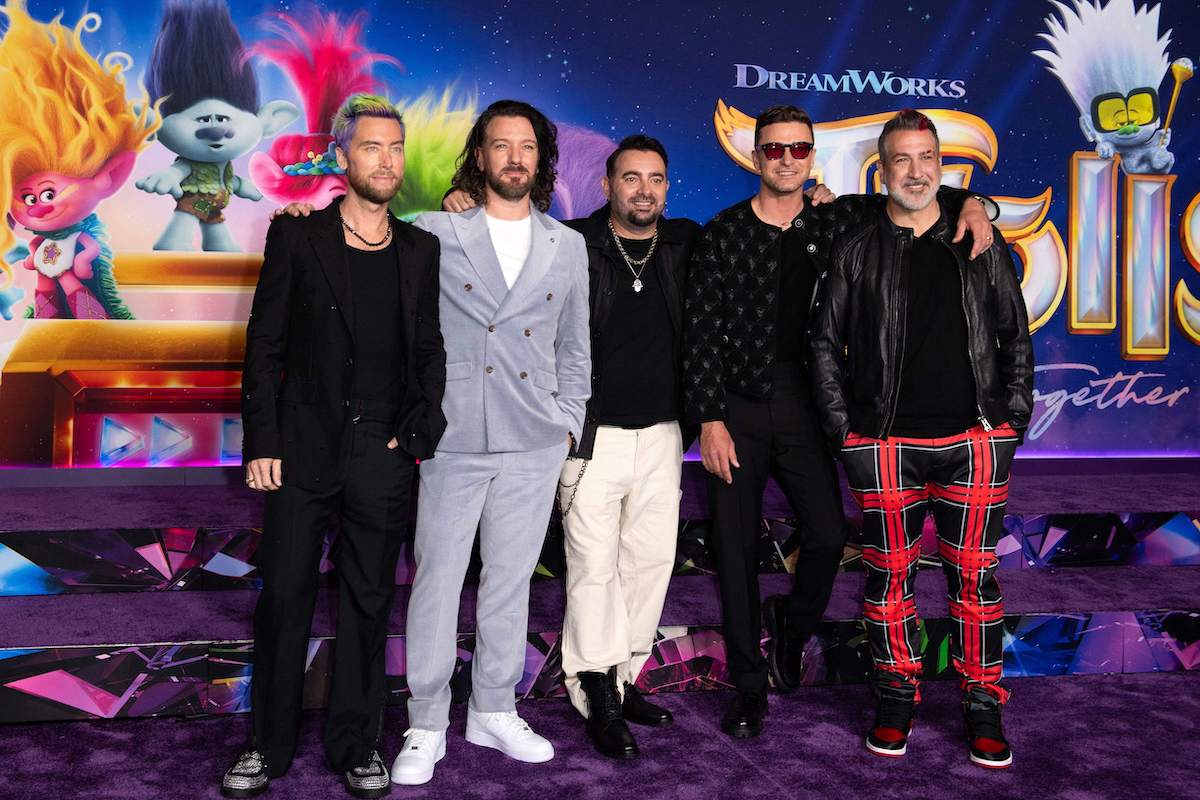Lance Bass, JC Chasez, Chris Kirkpatrick, Justin Timberlake, and Joey Fatone smile at the premiere of "Trolls: Band Together"