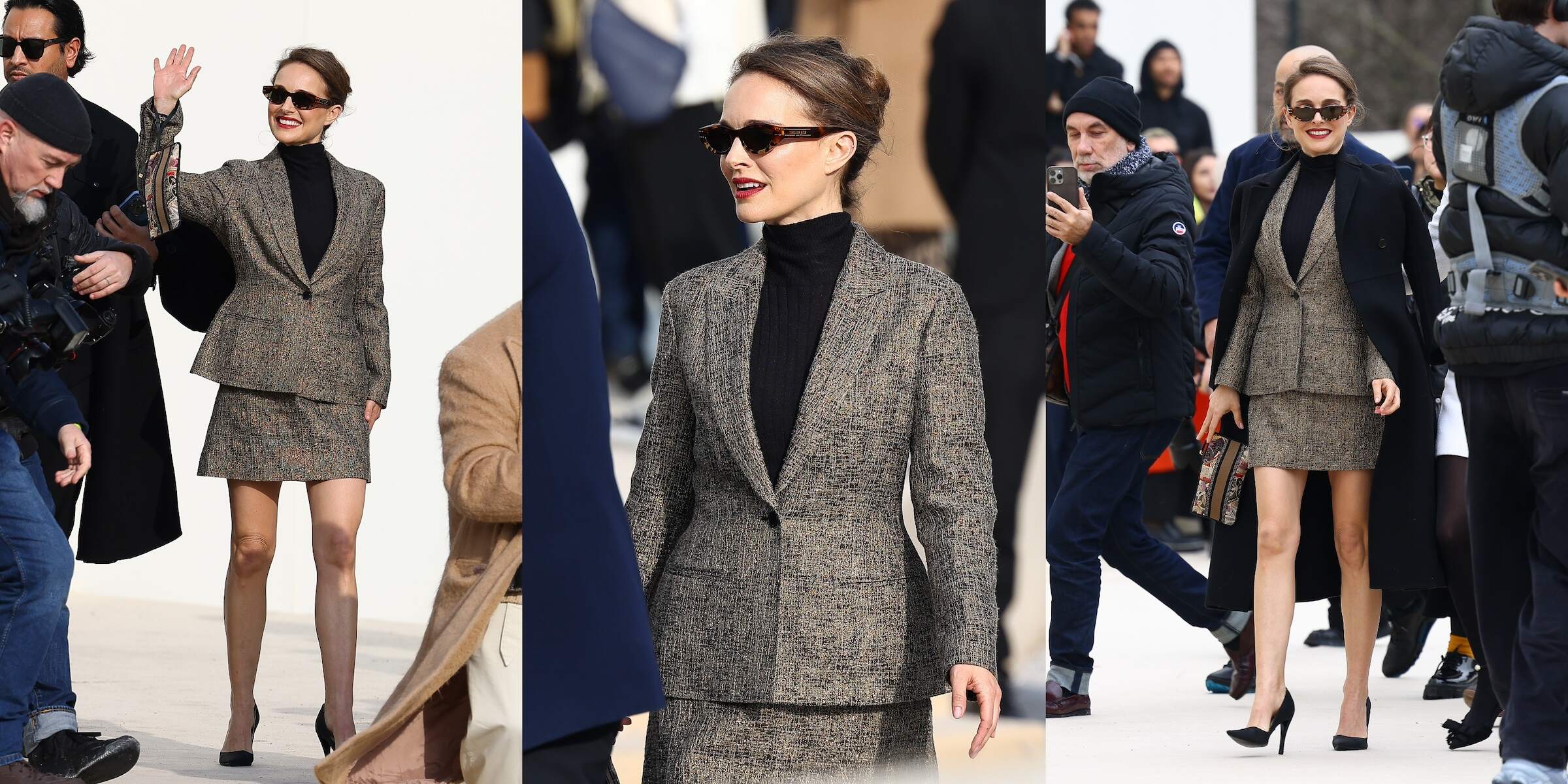 Actress Natalie Portman wears a black turtleneck and tweed business suit to the Christian Dior Womenswear Fall/Winter 2024-2025 show