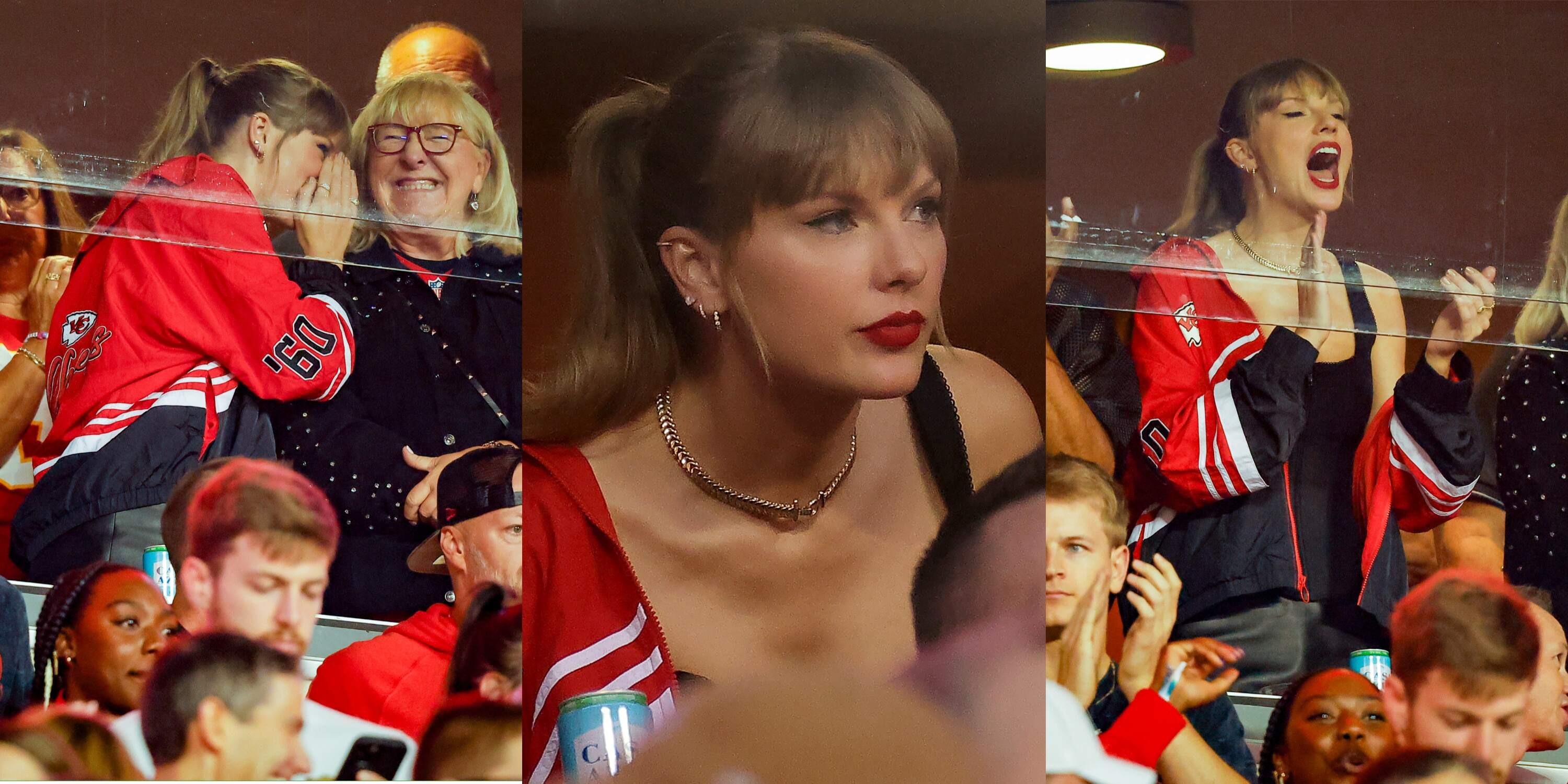 Singer-songwriter Taylor Swift cheers from a suite as the Kansas City Chiefs play