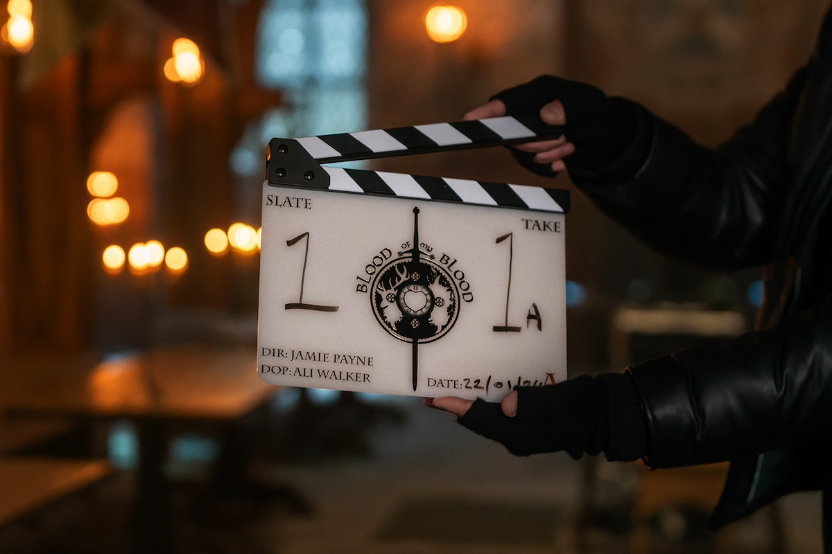 A clapperboard shown on the set of 'Outlander: Blood of My Blood'