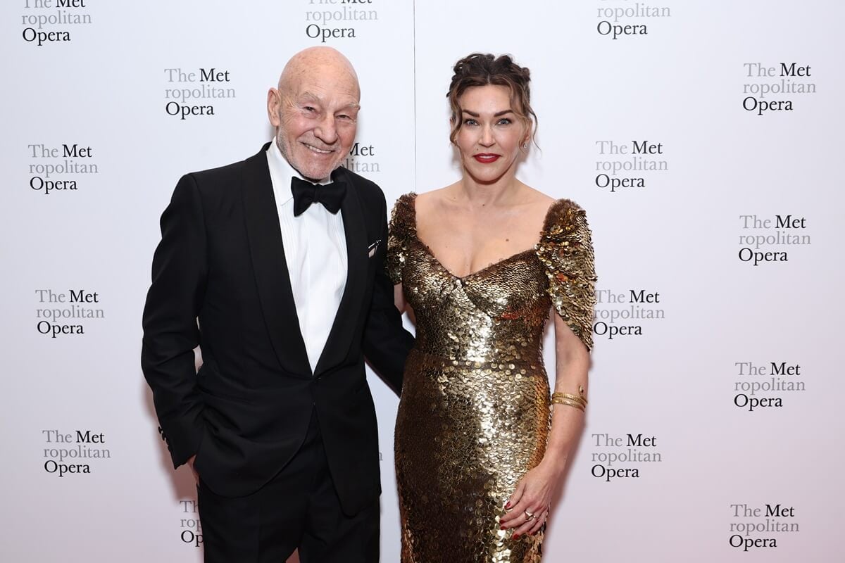 Patrick Stewart posing next to his wife Sunny Ozell at the opening night gala of Metropolitan Opera's "Dead Man Walking".