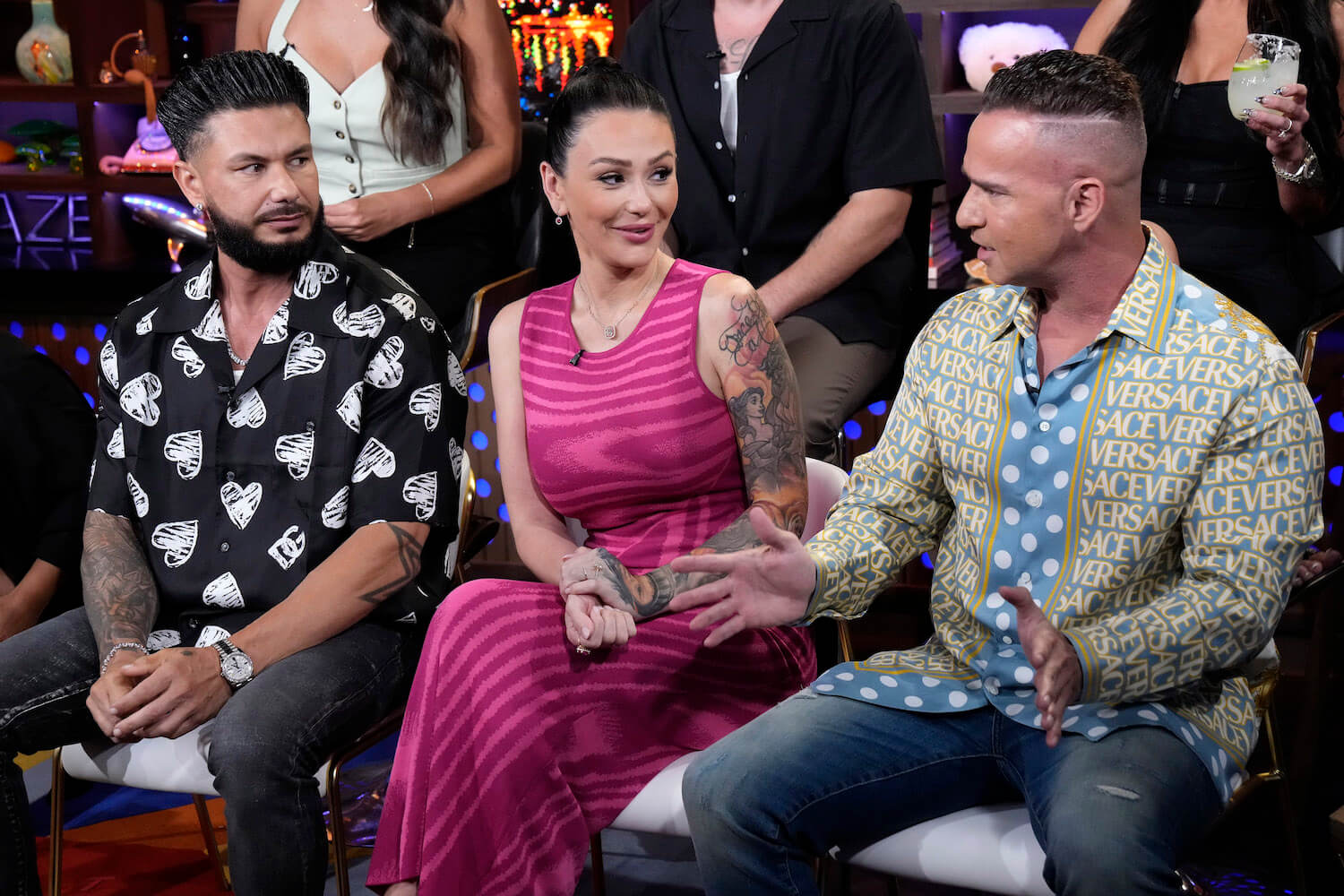 'Jersey Shore' stars Paul 'DJ Pauly D' Delvecchio, Jenni 'JWoww' Farley, and Mike 'The Situation' Sorrentino talking to each other on 'Watch What Happens Live'