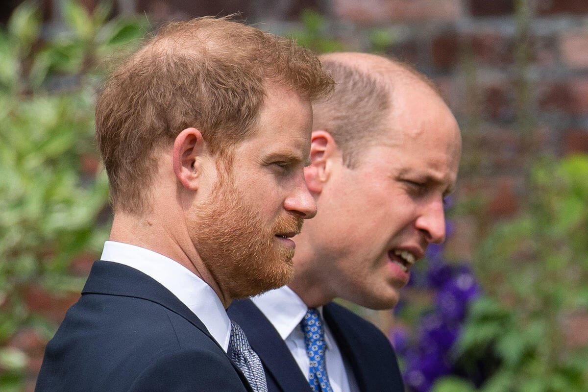 Prince Harry, who learned of Prince William's 'separate entities' comment on his way to the Sandringham Summit, stands with Prince William in 2021.