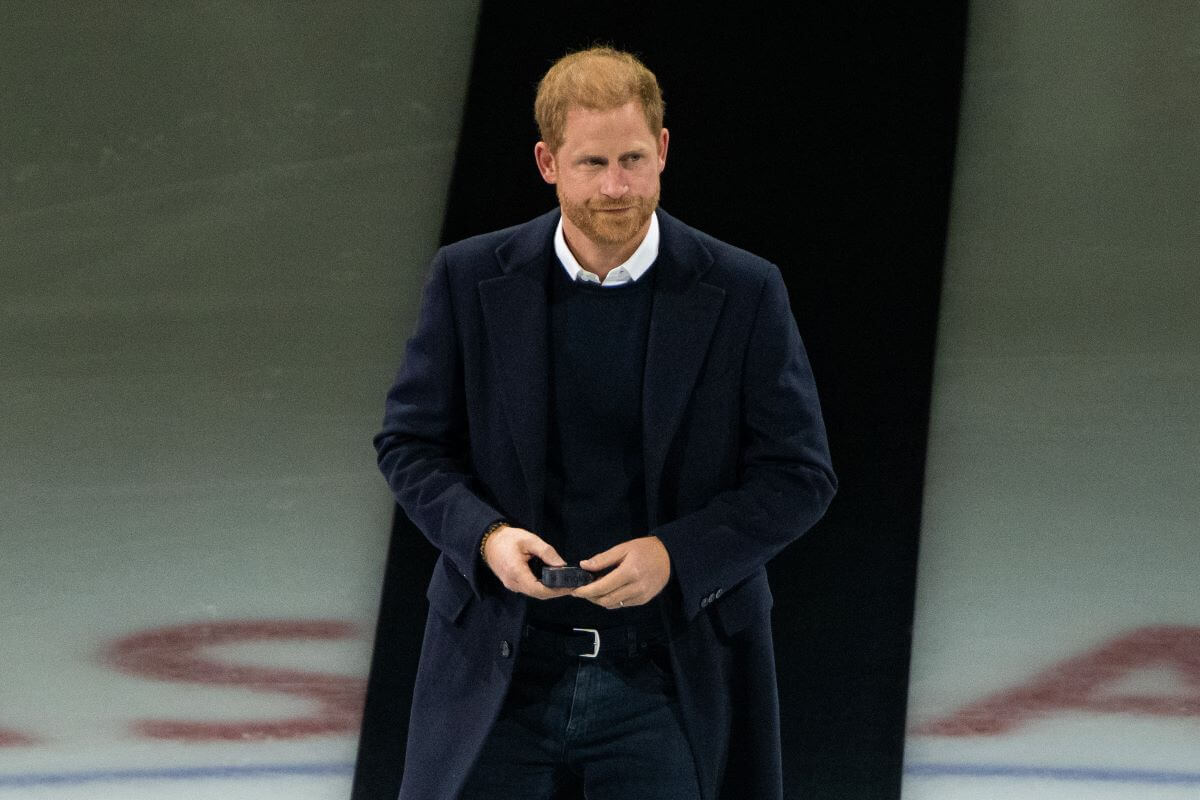 Prince Harry on the ice for a ceremonial puck drop before an NHL game between the Vancouver Canucks and the San Jose Sharks