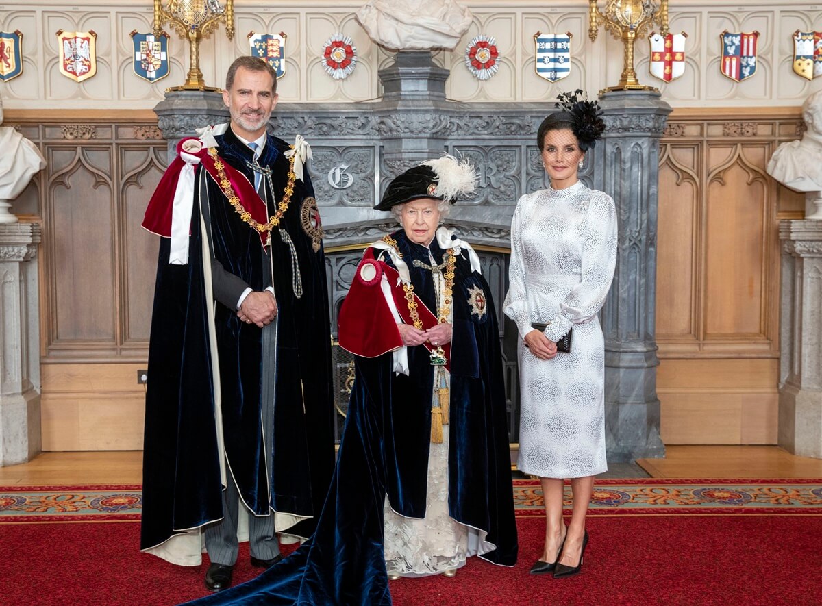 Queen Elizabeth II with King Felipe VI of Spain and Queen Letizia of Spain ahead of the Order of the Garter Service at St. George's Chapel in Windsor Castle
