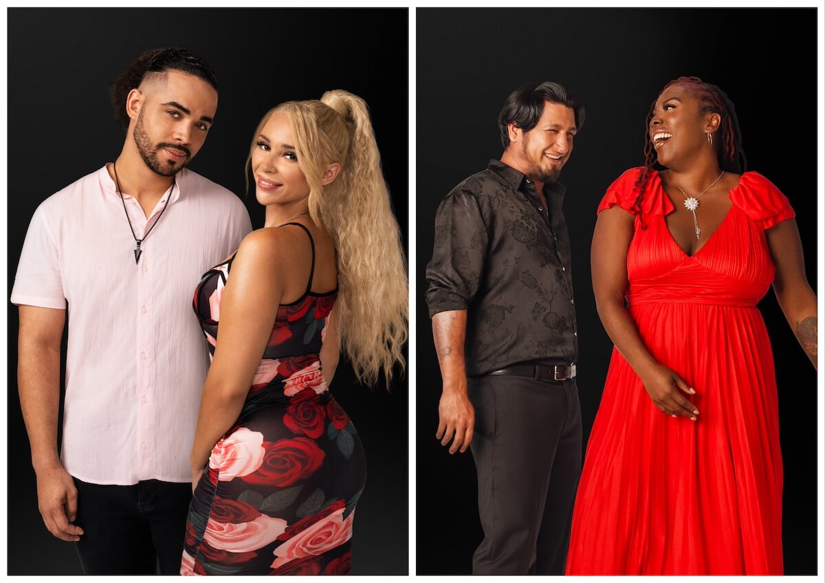 Portraits of Rob and Sophie and Ashley and Manuel from '90 Day Fiance' on black backgrounds