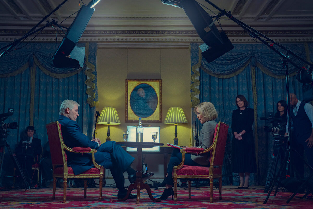 Rufus Sewell as Prince Andrew and Gillian Anderson as Emily Maitlis in 'SCOOP,' the Netflix movie about Prince Andrew's Epstein interview