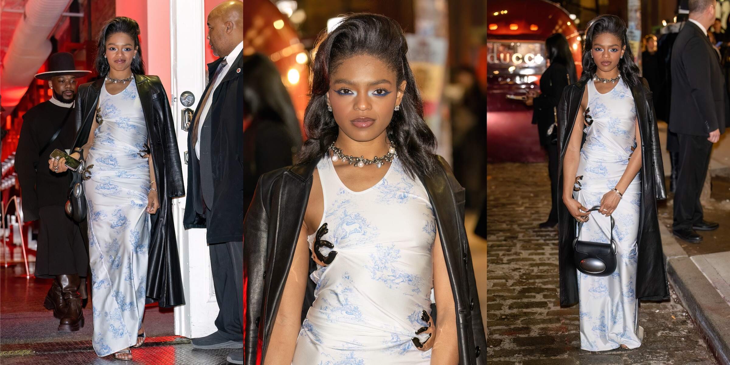 Wearing a white and blue floral dress, Selah Marley attends a Gucci party during New York Fashion Week 2024